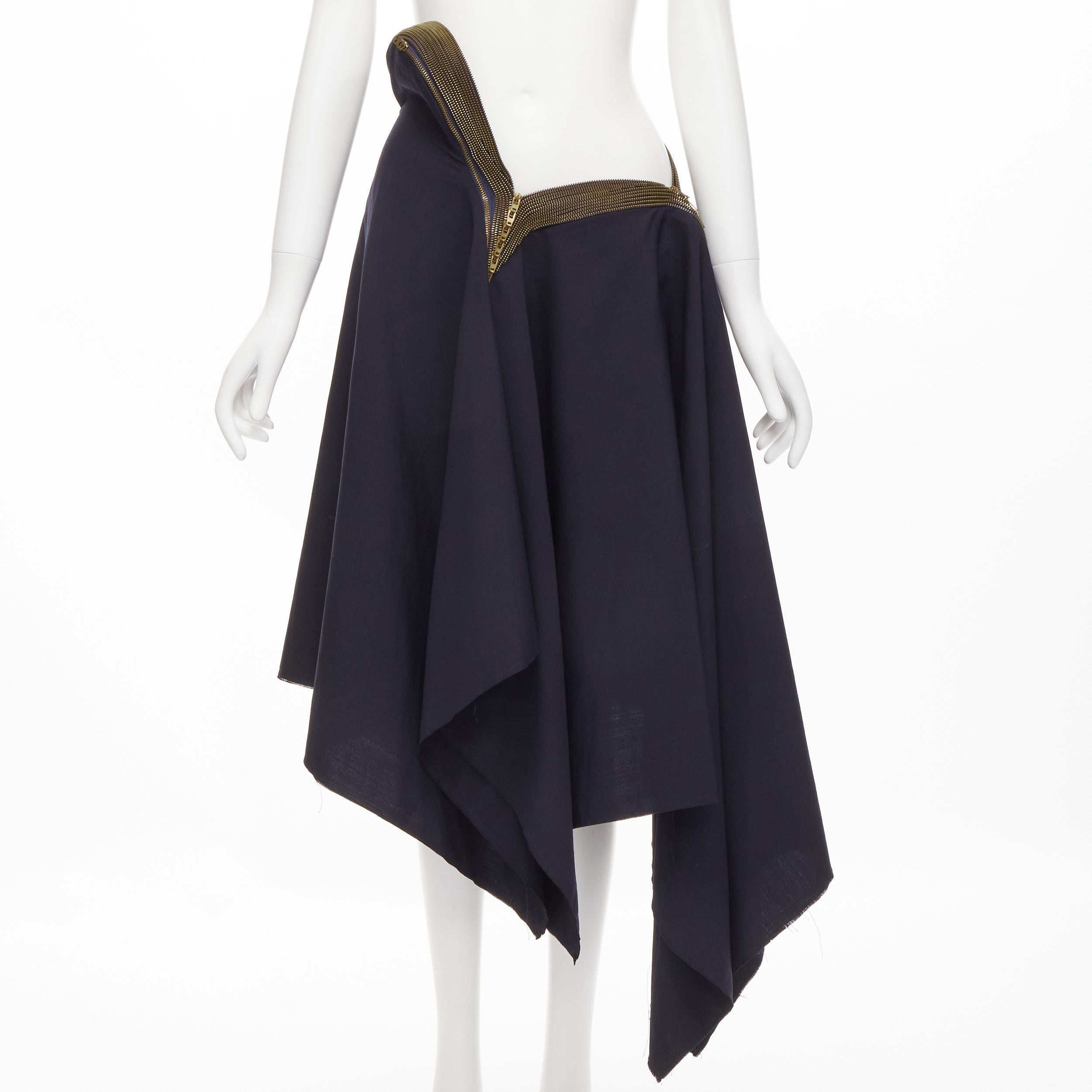 Black vintage JUNYA WATANABE 2004 navy zipper trimmed draped raw handkerchief skirt S For Sale