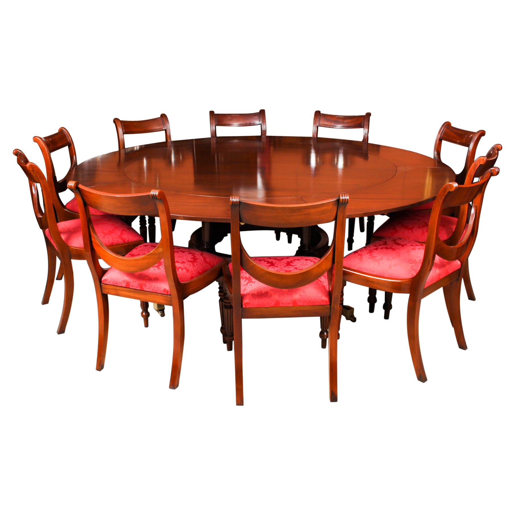 Vintage Jupe Dining Table, Leaf Cabinet, Lazy Susan 
10 Chairs 20th C