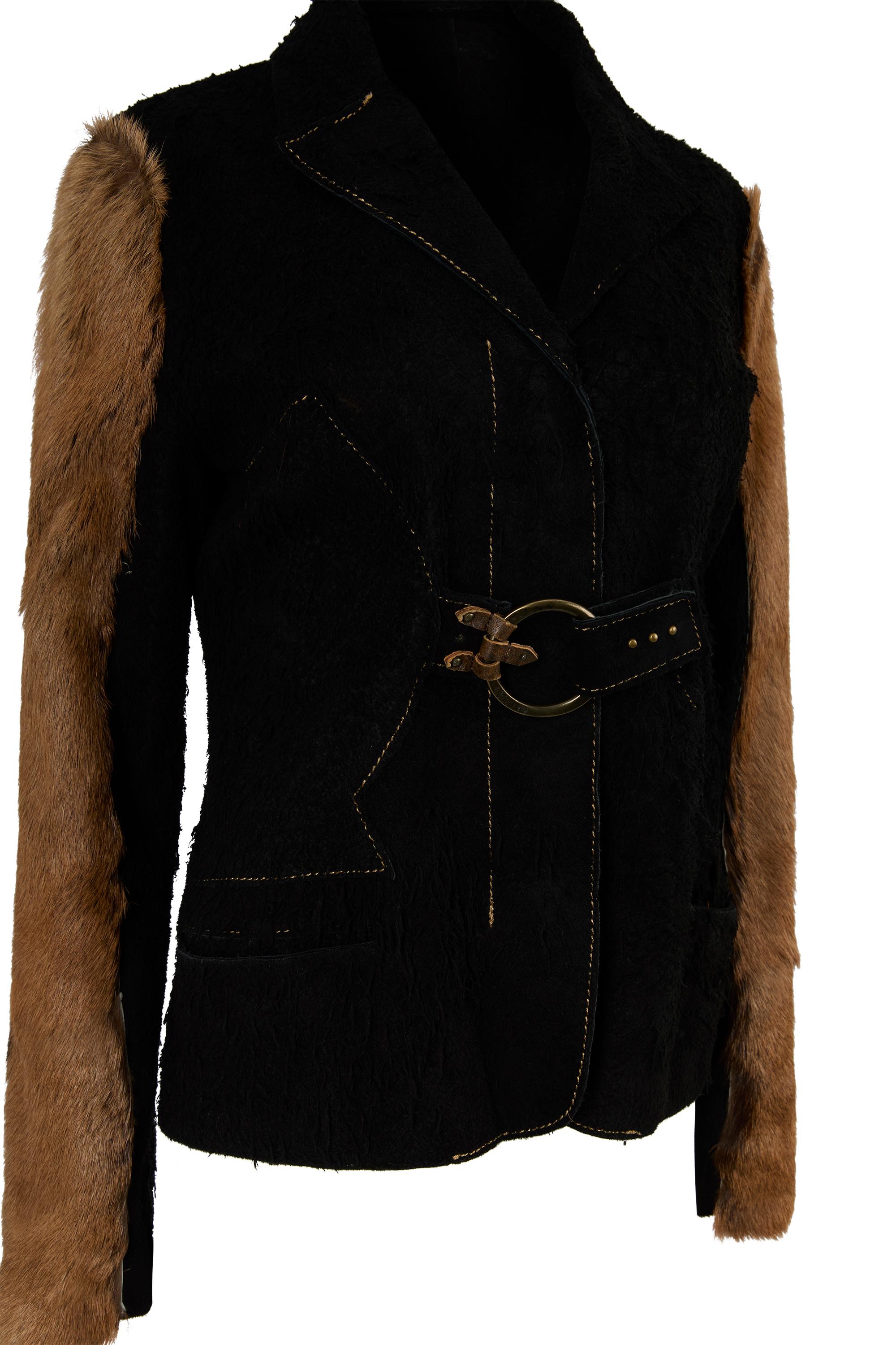 Noir Vintage Just Cavalli 2001 Veste en cuir, daim, poils de poney et cheveux en détresse en vente