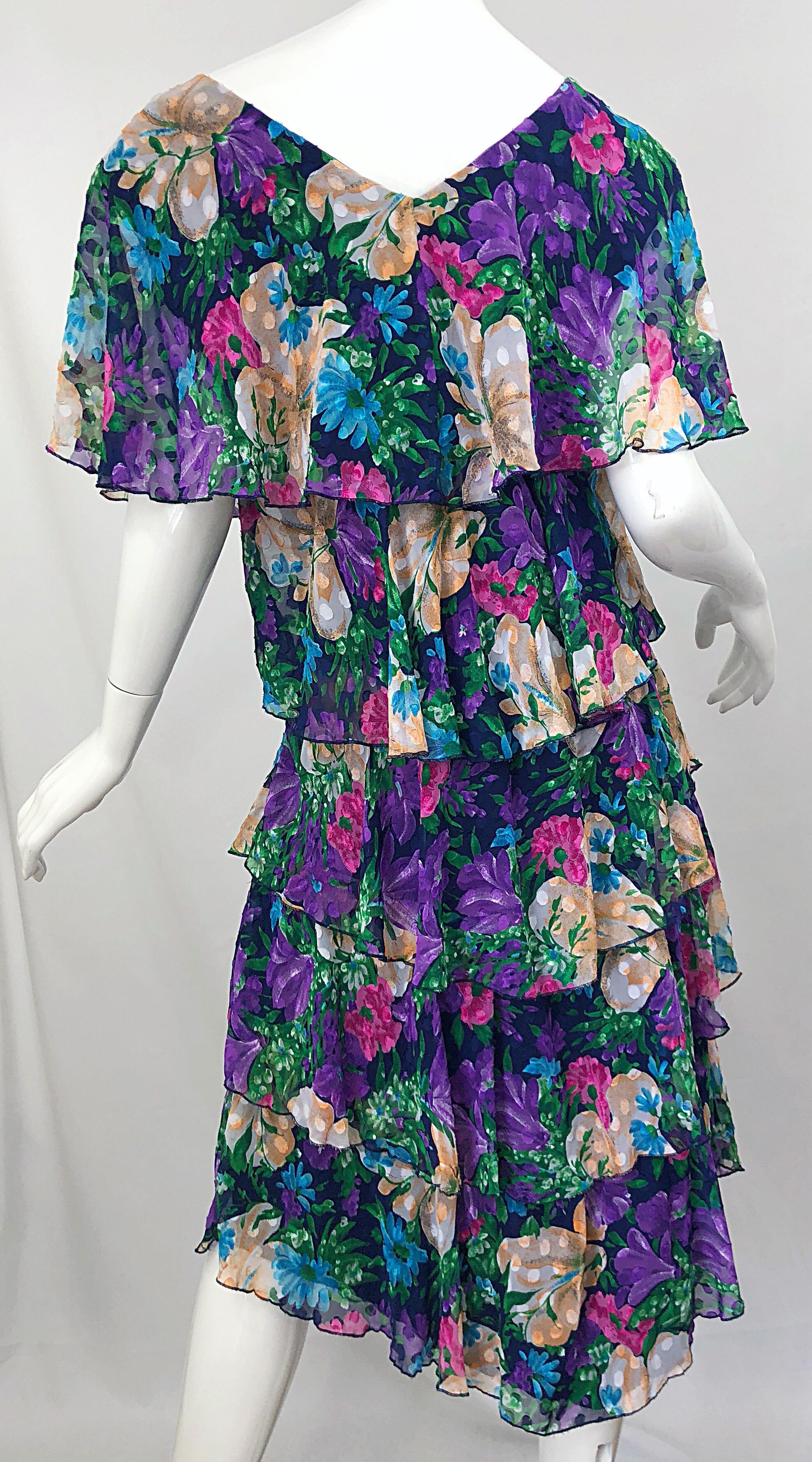 Vintage Justin David Flapper Style Large Size 1980s Chiffon Floral 80s Dress For Sale 2