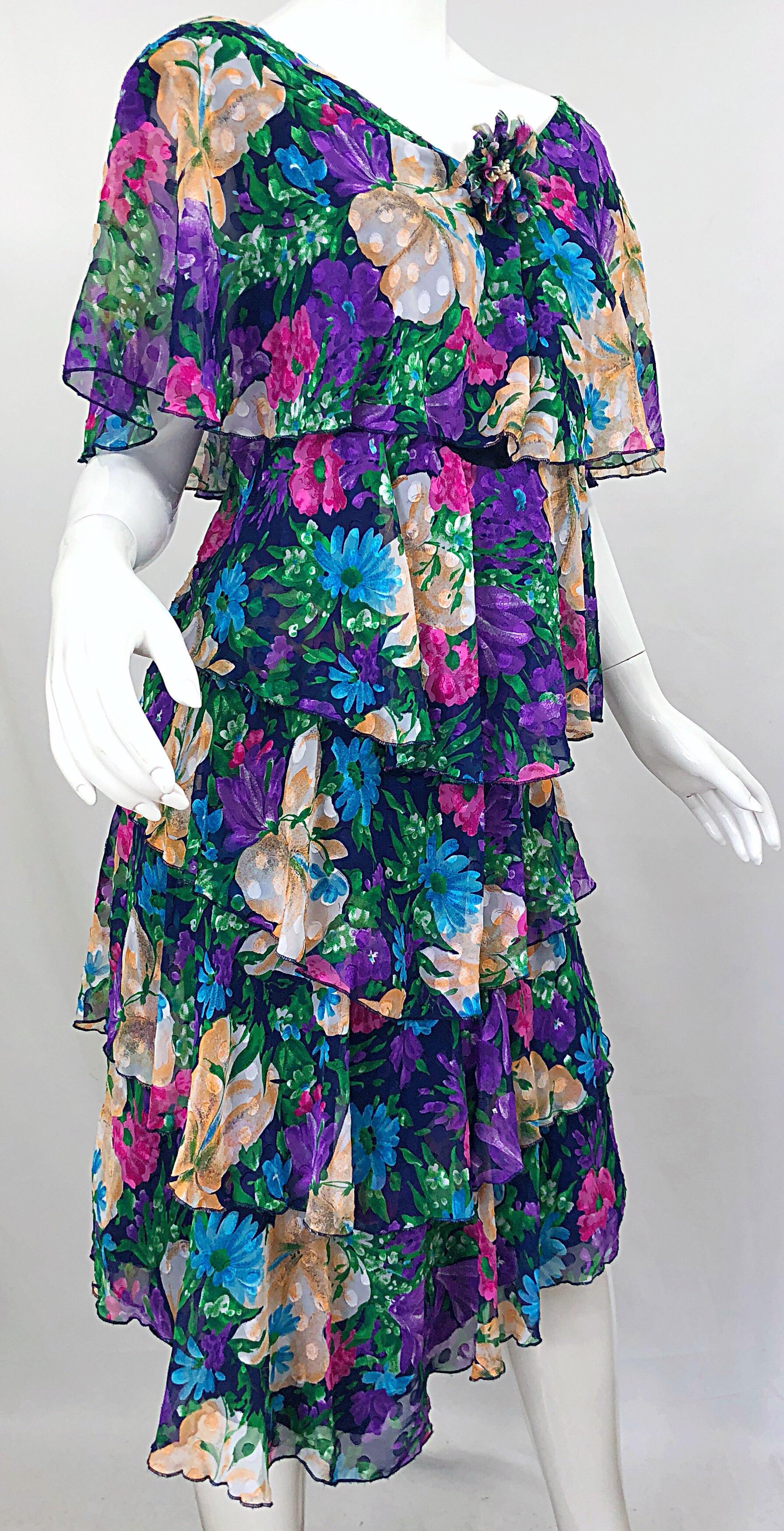 Vintage Justin David Flapper Style Large Size 1980s Chiffon Floral 80s Dress For Sale 3