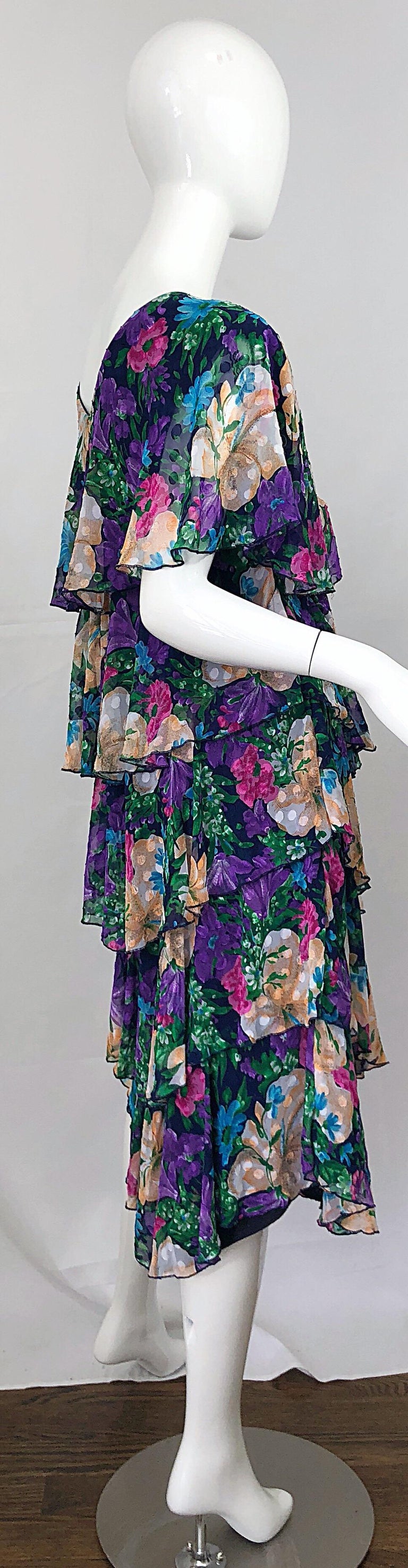 Vintage Justin David Flapper Style Large Size 1980s Chiffon Floral 80s Dress For Sale at 1stdibs