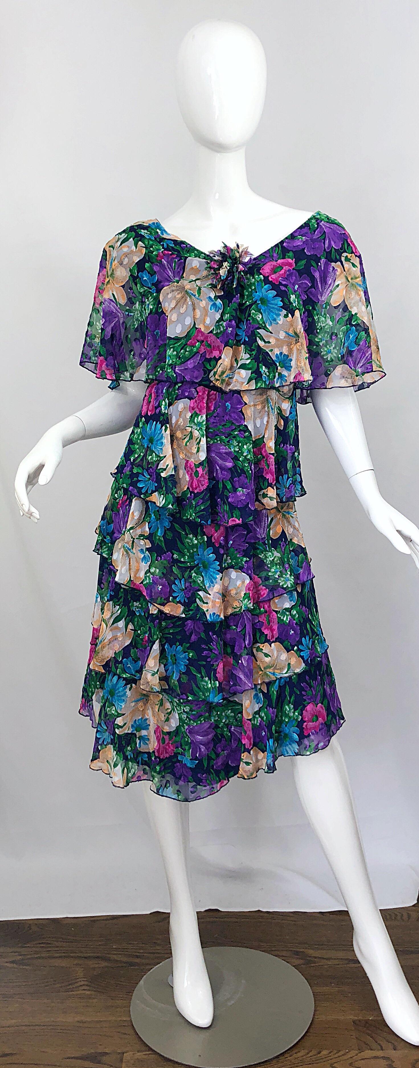 Vintage Justin David Flapper Style Large Size 1980s Chiffon Floral 80s Dress For Sale 5