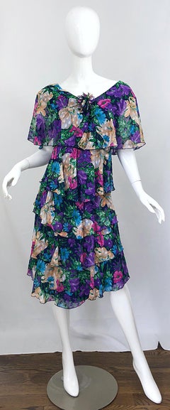 Vintage Justin David Flapper Style Large Size 1980s Chiffon Floral 80s Dress