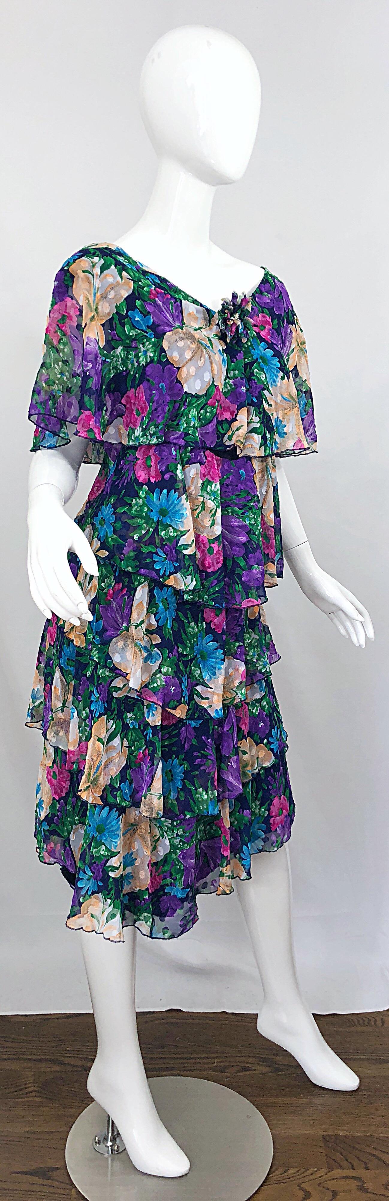 Purple Vintage Justin David Flapper Style Large Size 1980s Chiffon Floral 80s Dress For Sale