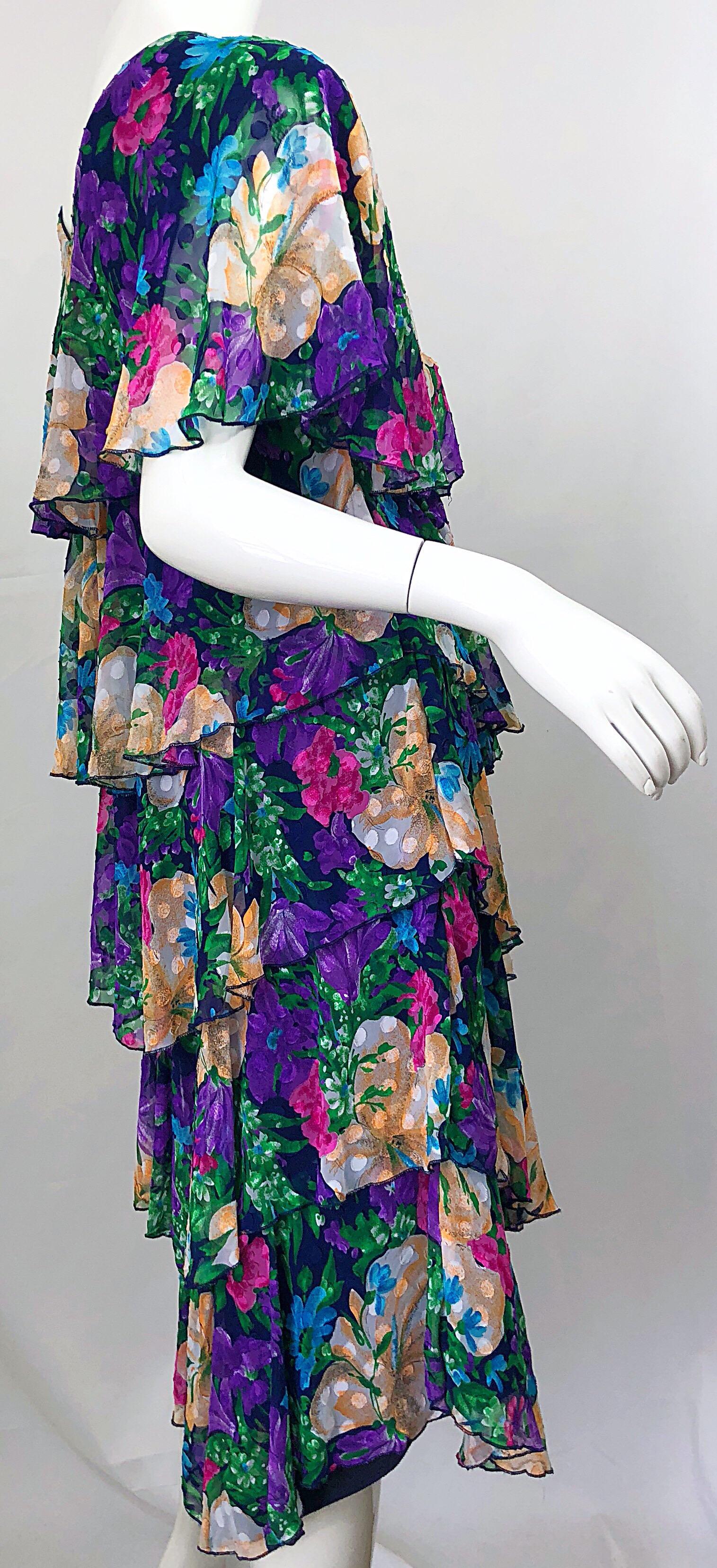 Vintage Justin David Flapper Style Large Size 1980s Chiffon Floral 80s Dress In Excellent Condition For Sale In San Diego, CA