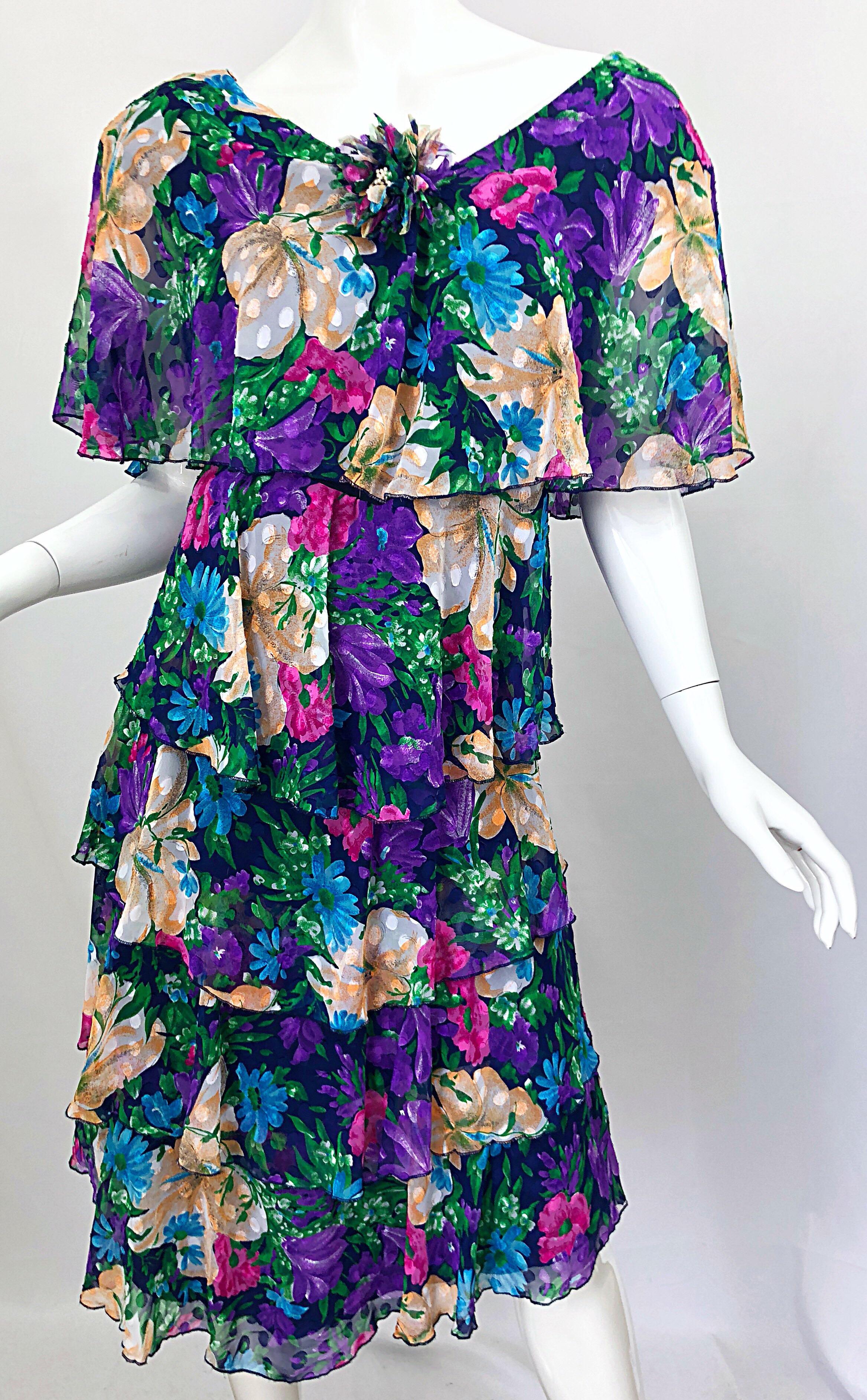 Women's Vintage Justin David Flapper Style Large Size 1980s Chiffon Floral 80s Dress For Sale