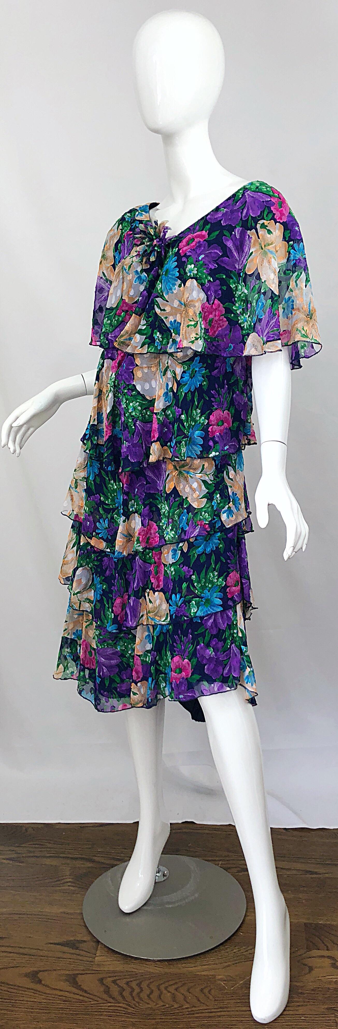Vintage Justin David Flapper Style Large Size 1980s Chiffon Floral 80s Dress For Sale 1