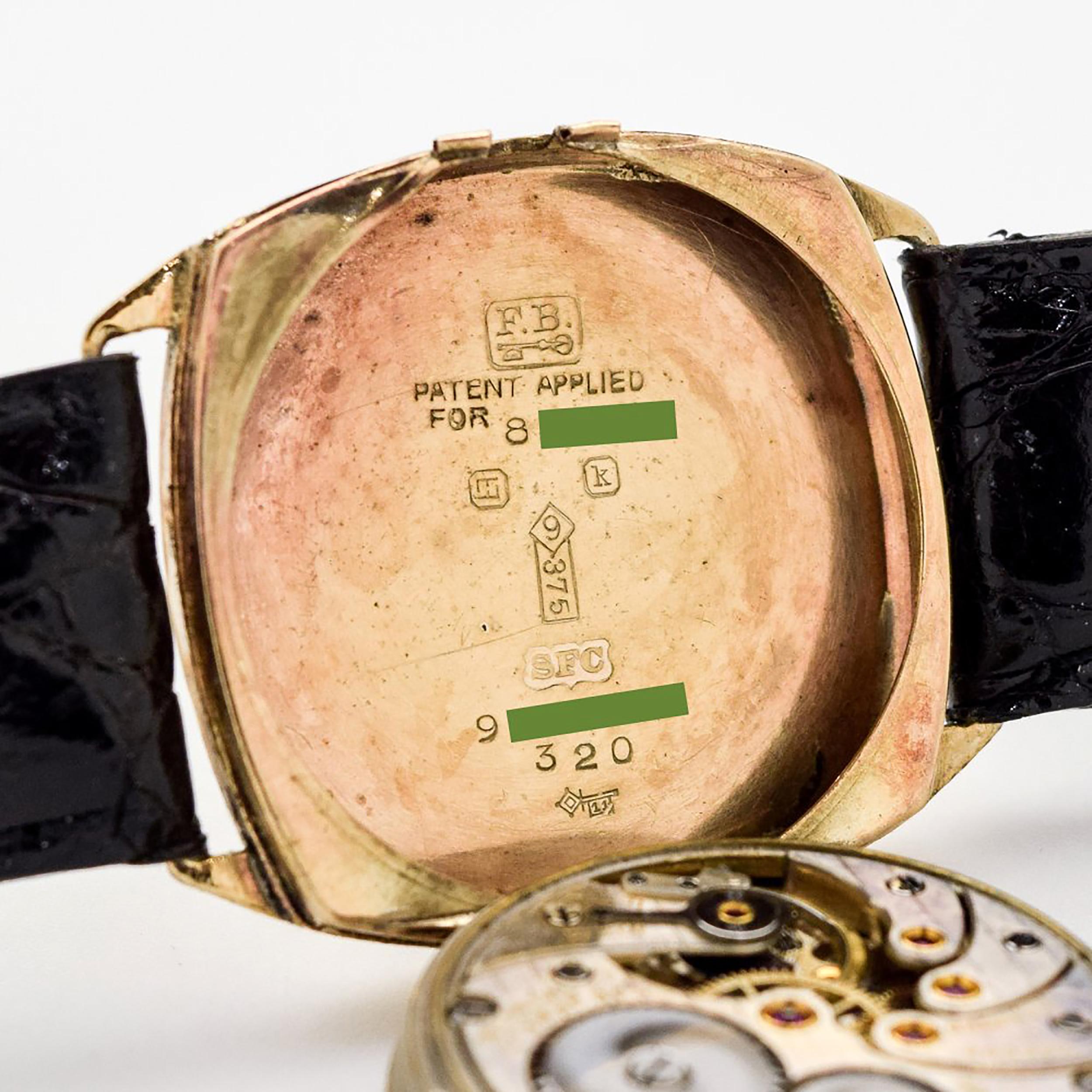 Vintage JW Benson Cushion-Shaped 9 Karat Yellow Gold Watch, 1920s For Sale 5