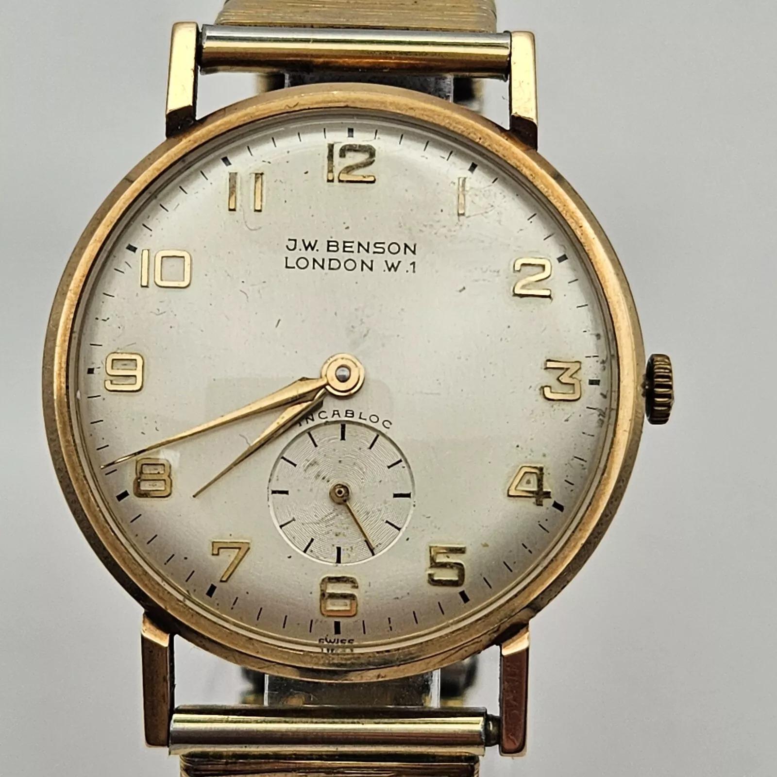 Vintage JW Benson London W1 9ct Gold Herren-Armbanduhr 17 Jewels