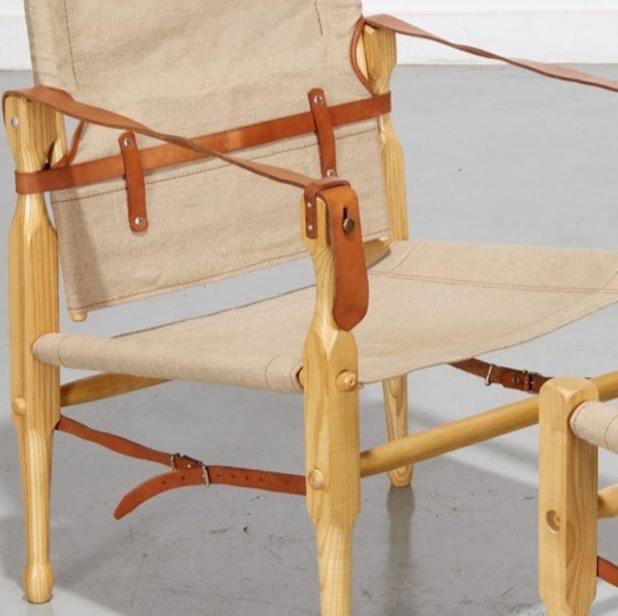 Stile Campaign Sedia e ottomana safari in stile Kaare Klint in tela, pelle e legno, vintage in vendita