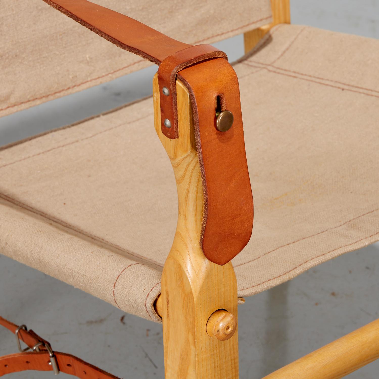 Scandinavo Sedia e ottomana safari in stile Kaare Klint in tela, pelle e legno, vintage in vendita