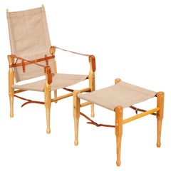 Vintage Kaare Klint Style Canvas, Leather and Wood Safari Chair and Ottoman
