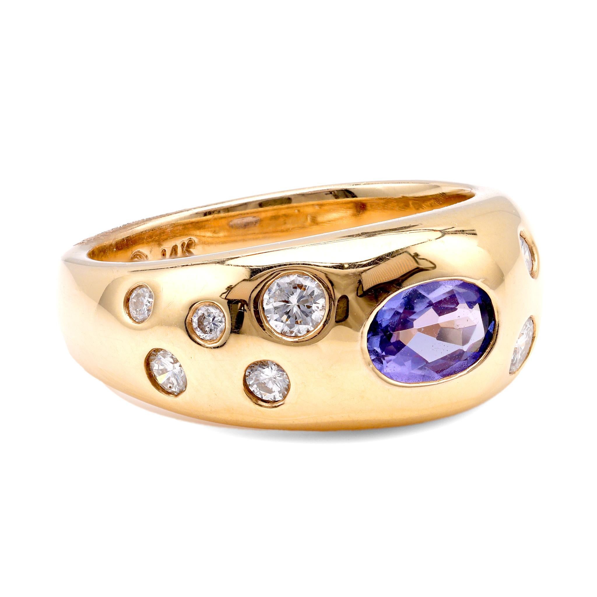 Oval Cut Vintage Kabana Tanzanite Diamond 14K Yellow Gold Bezel Ring