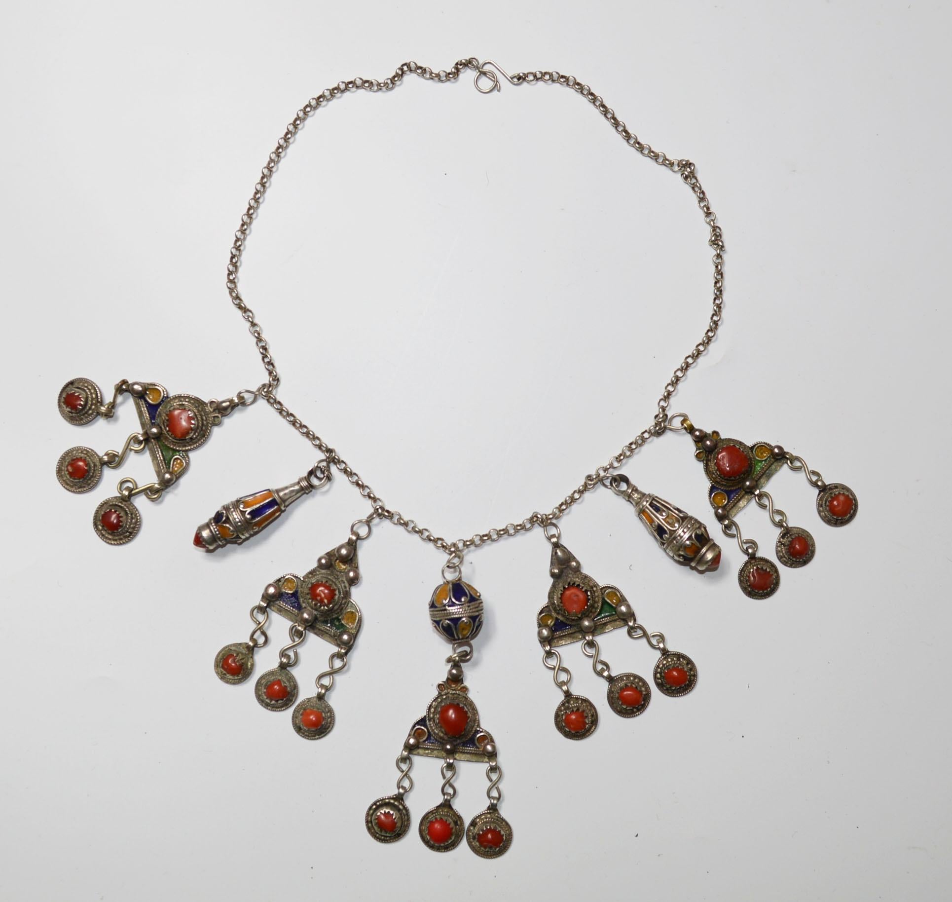 Algerian Vintage Kabyle Berber Tribal Silver Enamel Coral Necklace