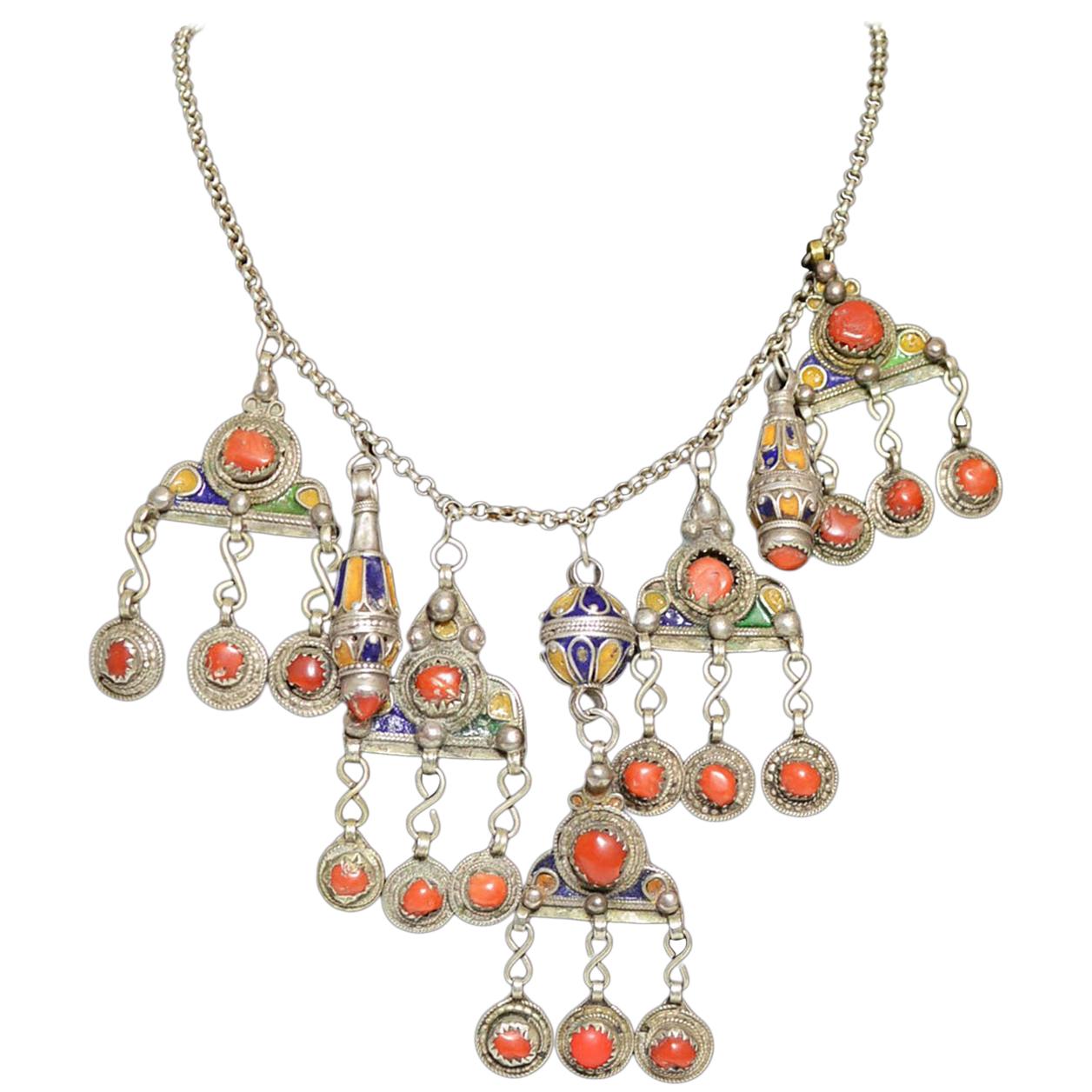 Vintage Kabyle Berber Tribal Silver Enamel Coral Necklace