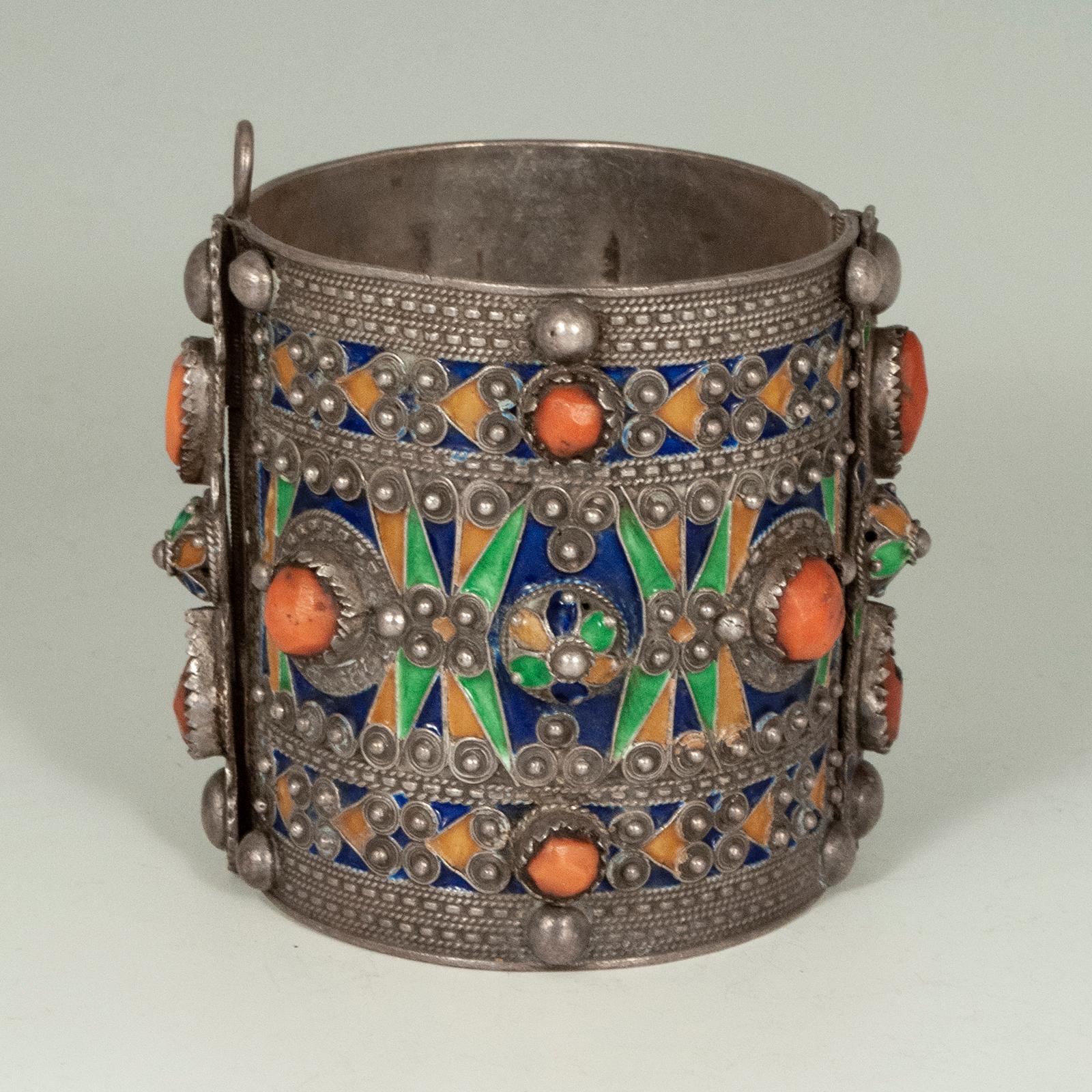 Artisan Vintage Kabylie Enamel and Silver Cuff, Northern Algeria