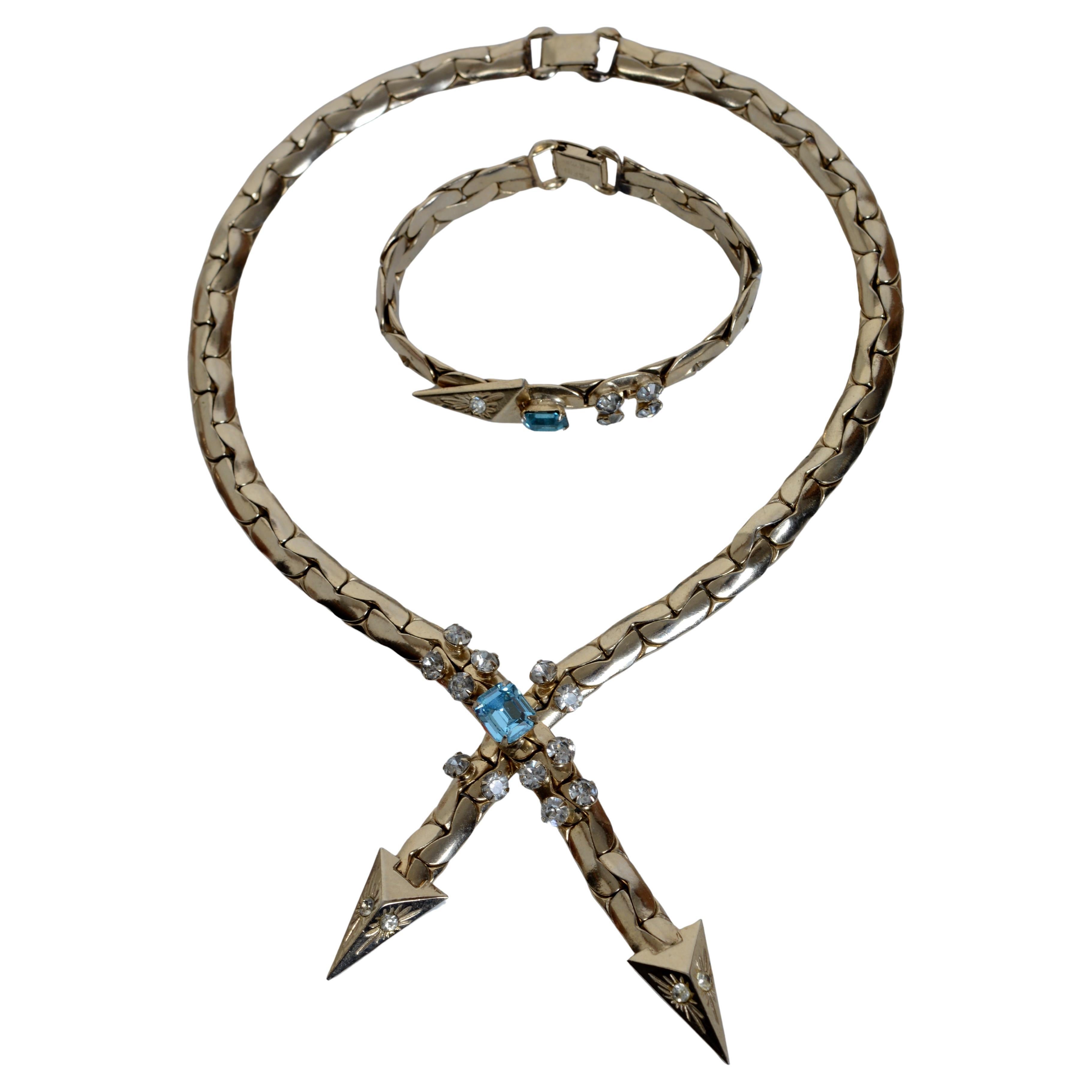 Vintage "KAFIN of NY" Necklace and Matching Bracelet Herringbone with Crystals
