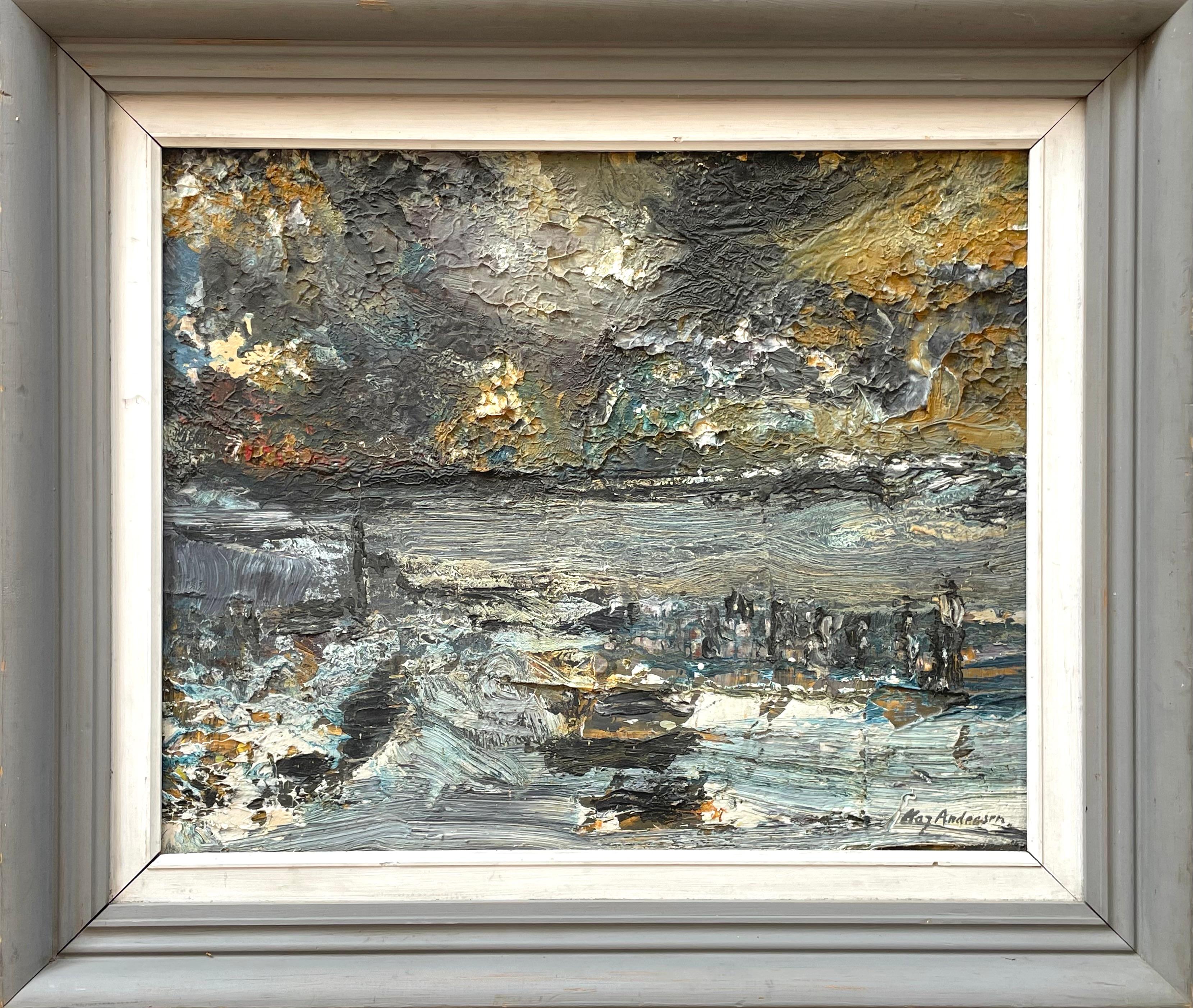 Expressionistisches Vintage-Gemälde des dänischen Künstlers Kaj Andersen im abstrakten Stil mit stark strukturierter Impasto-Malerei, das eine dramatische Meereslandschaft unter stürmischem Himmel zeigt. Die Farbpalette enthält viele Grau-, Blau-,