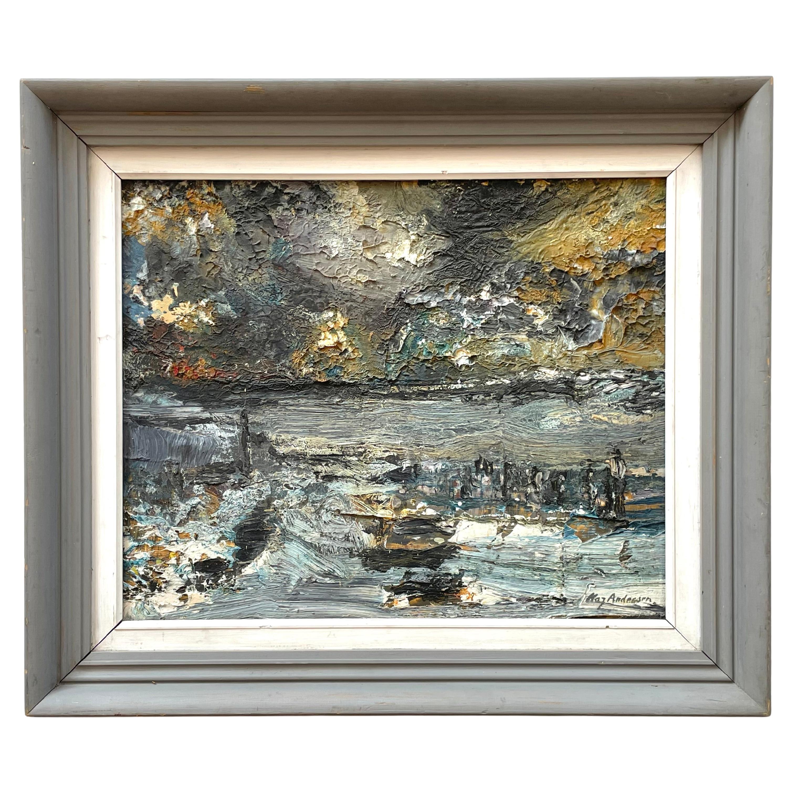 Vintage Kaj Andersen abtract Danish mid century 1970s expressions oil painting