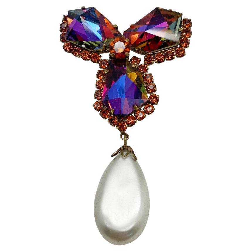 Vintage Kaleidoscope Prism Pearl Droplet Brooch 1950s For Sale