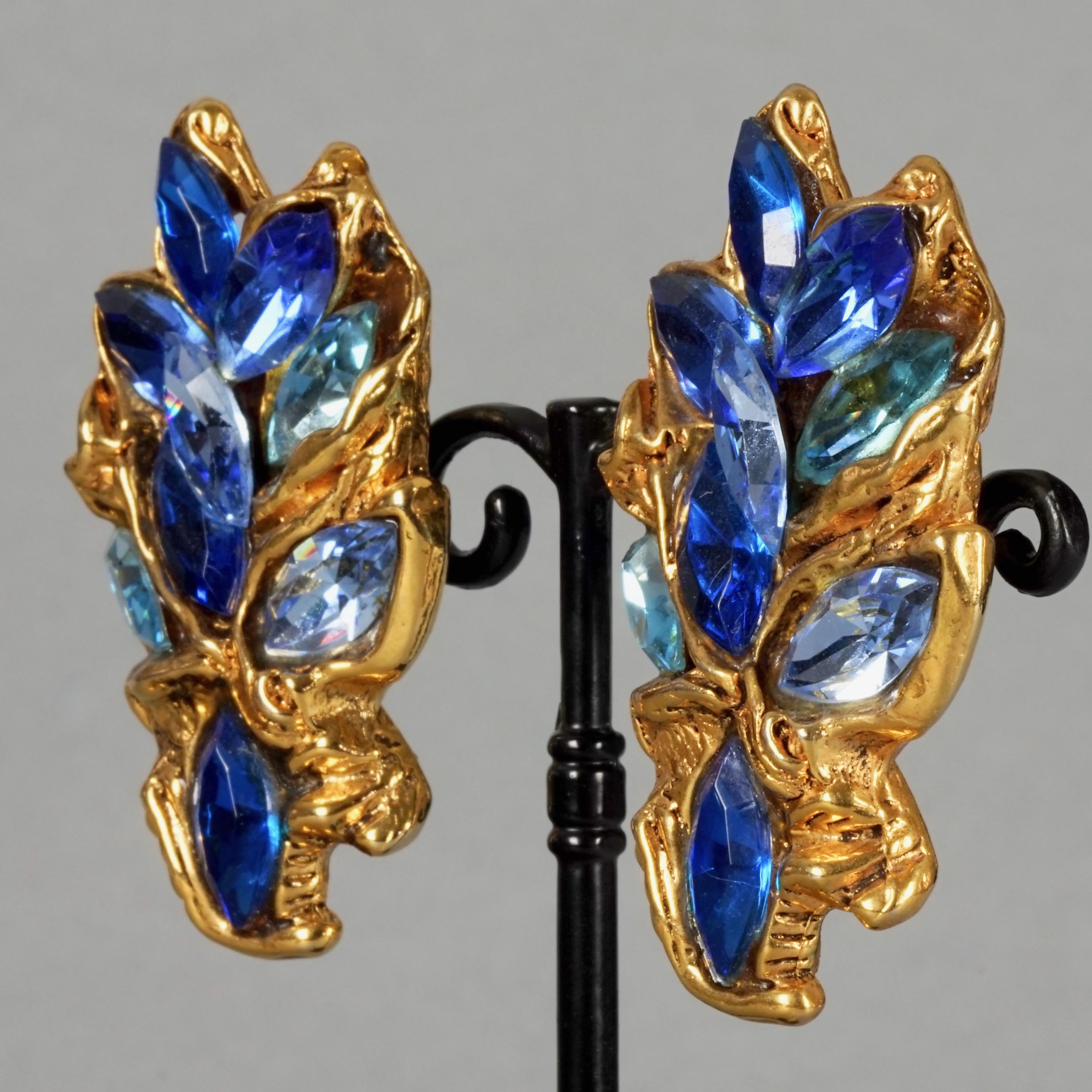Vintage KALINGER PARIS Blue Rhinestones Massive Jewelled Earrings In Good Condition For Sale In Kingersheim, Alsace