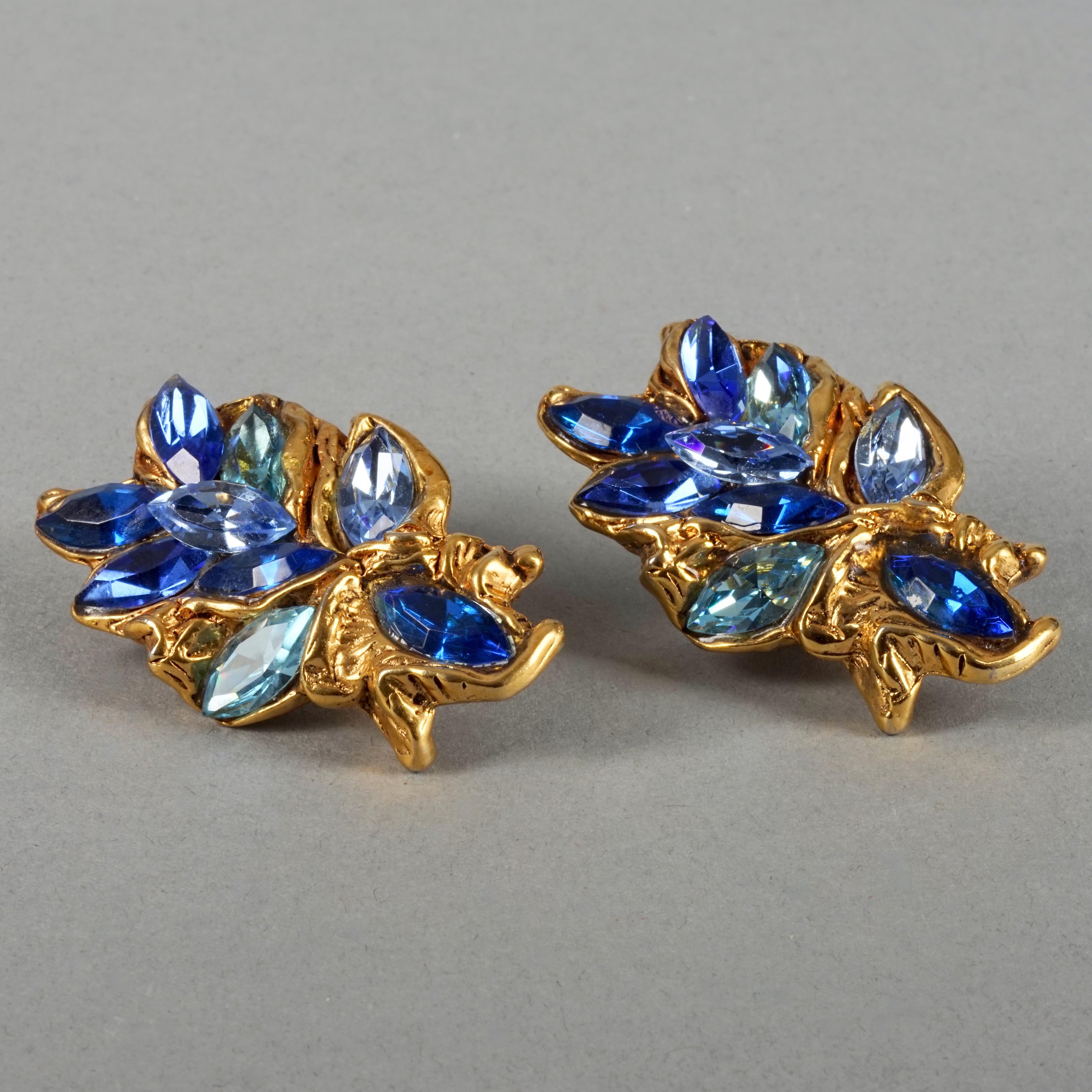 Vintage KALINGER PARIS Blue Rhinestones Massive Jewelled Earrings For Sale 2
