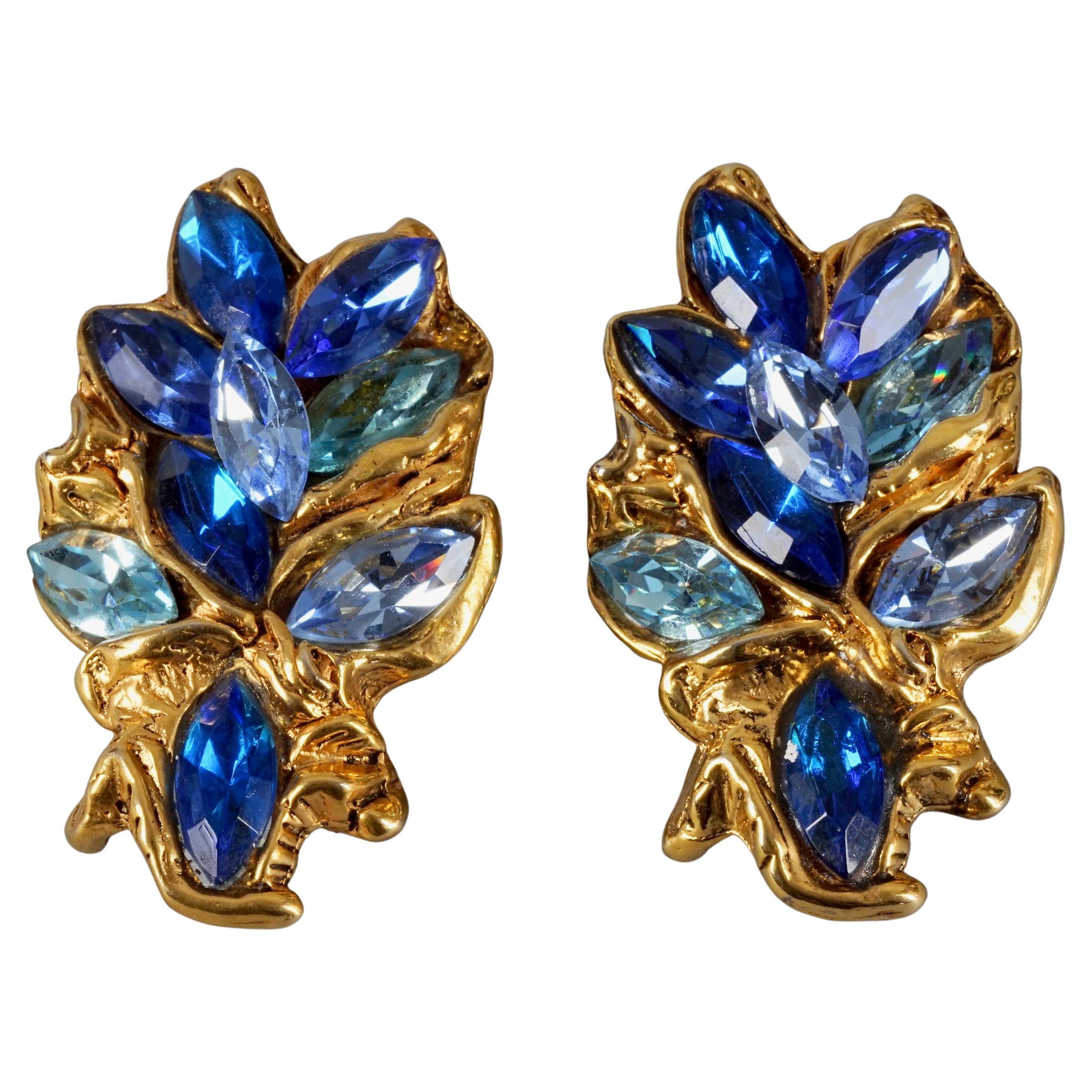 Vintage KALINGER PARIS Blue Rhinestones Massive Jewelled Earrings For Sale