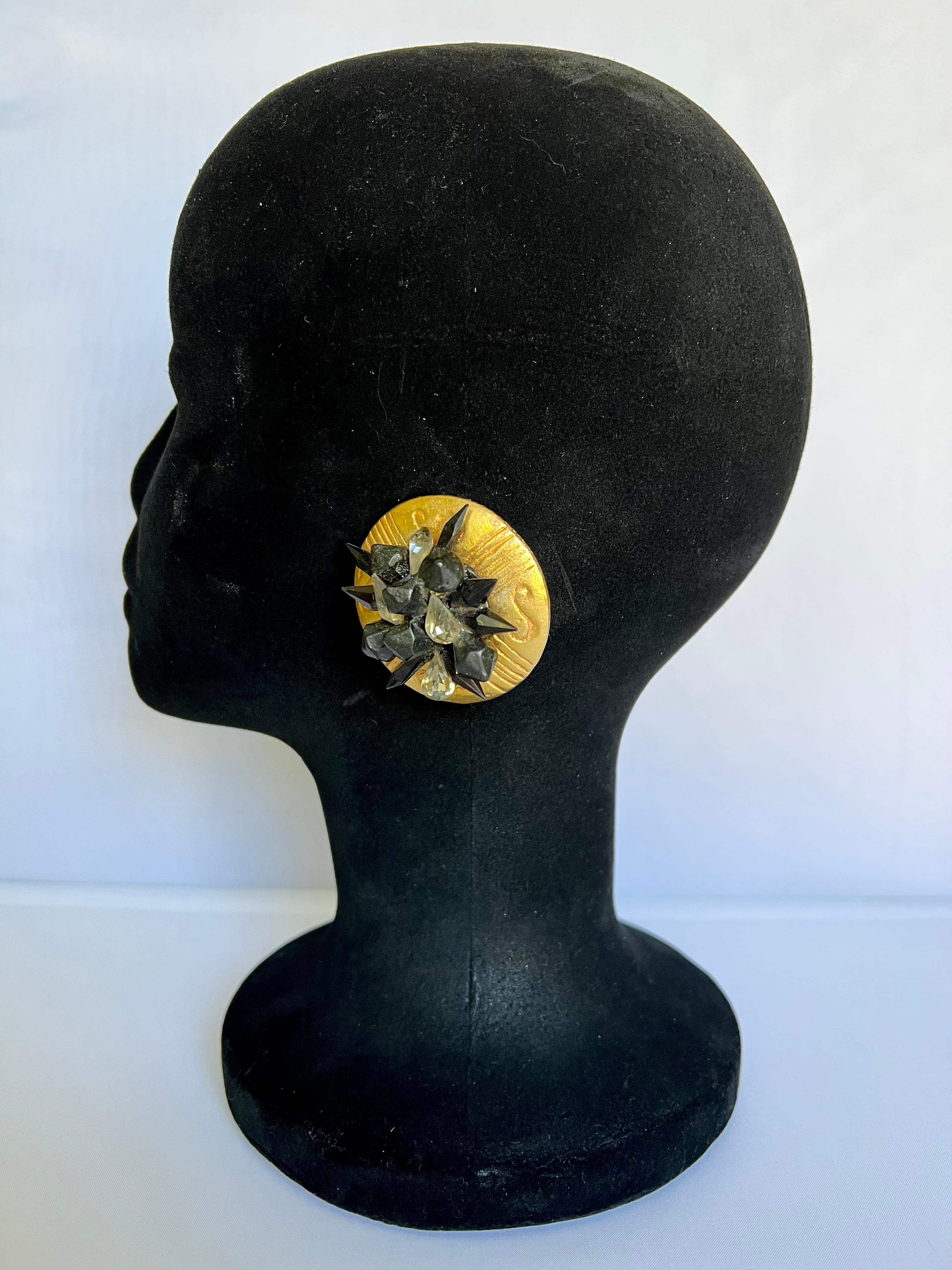 Vintage Kalinger Paris Gold and Black Crystal Earrings  For Sale 1