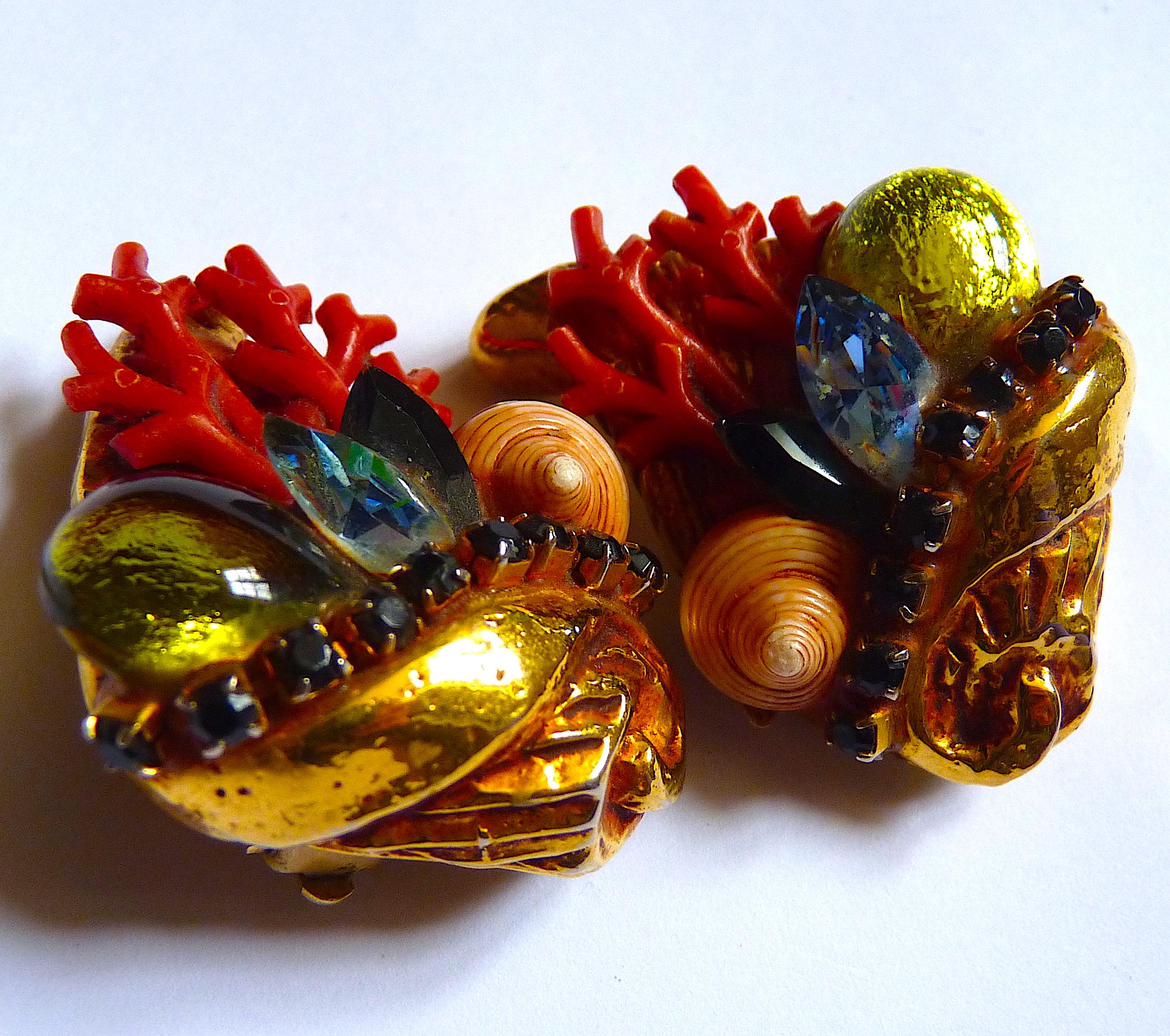 Boucles d'oreilles à clip vintage Kalinger Paris coquillages et cristal de verre Bon état - En vente à CHAMPEAUX-SUR-SARTHE, FR