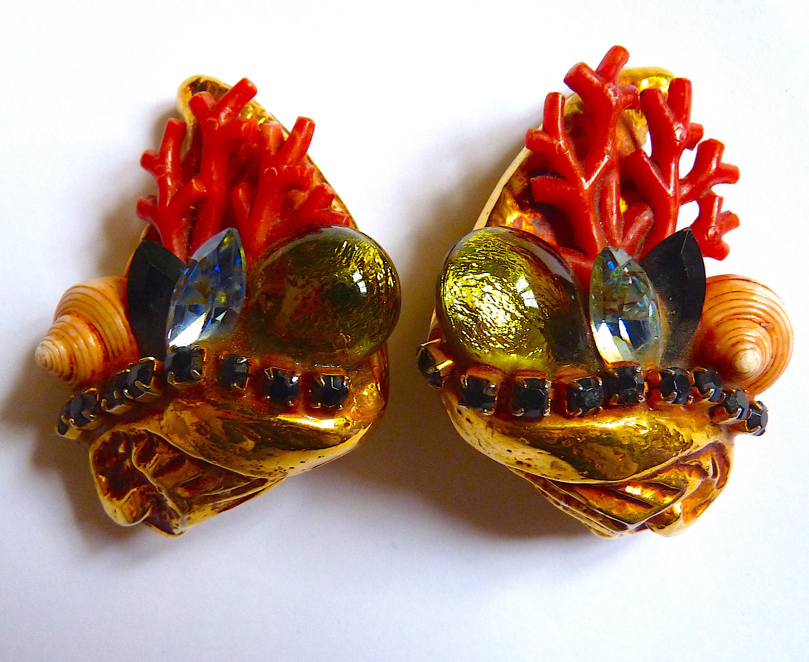 Women's Vintage Kalinger Paris Sea Shells and Glass Crystal Clip On Earrings For Sale