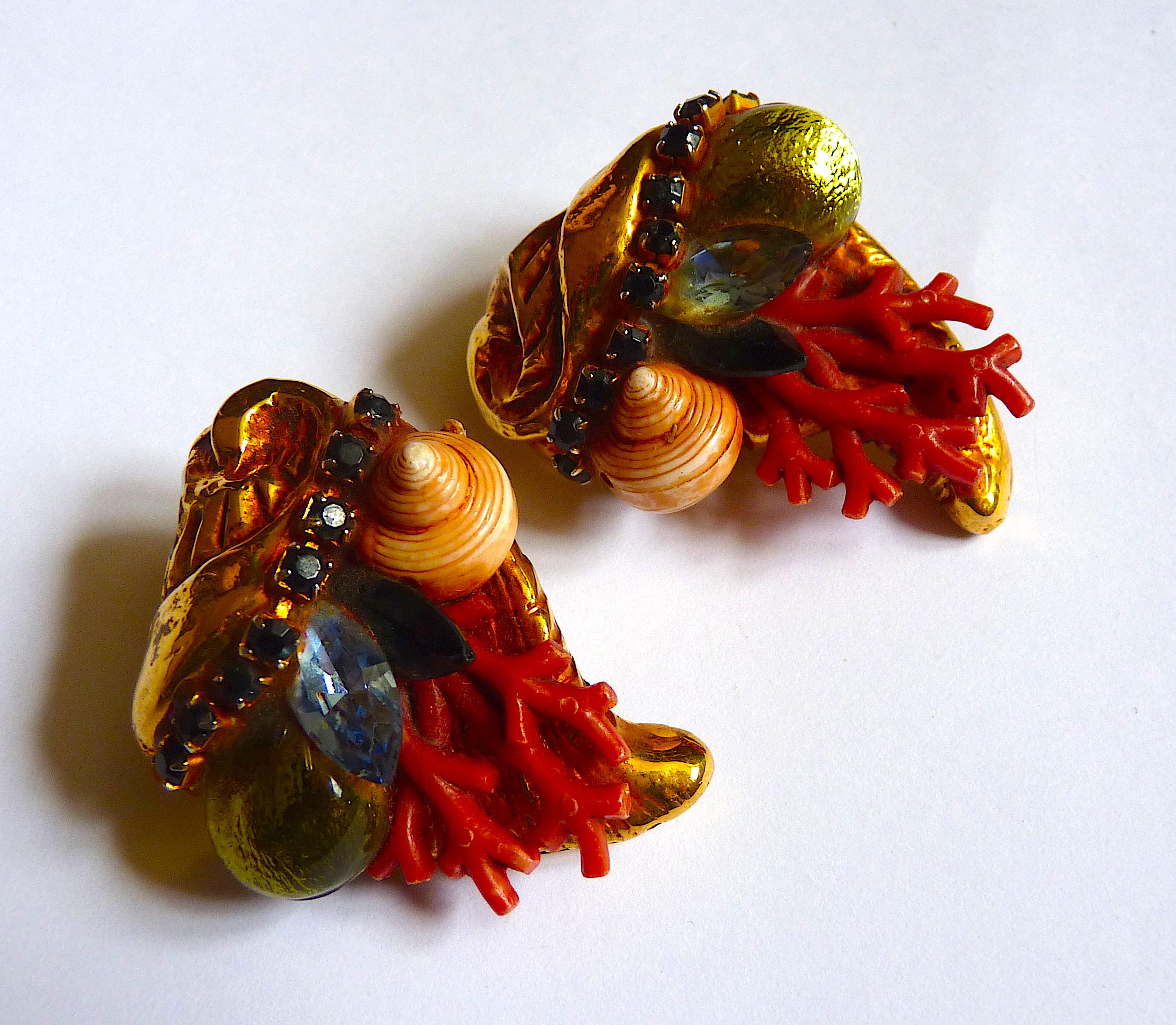 Vintage Kalinger Paris Sea Shells and Glass Crystal Clip On Earrings For Sale 3