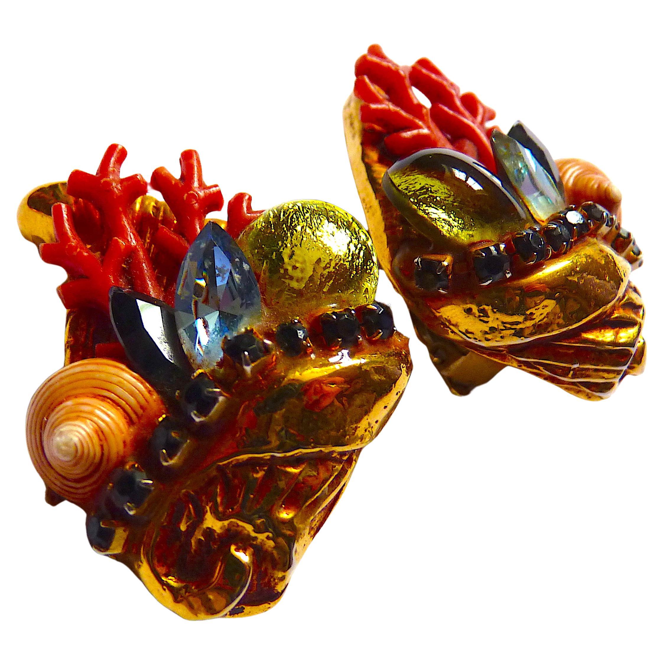 Boucles d'oreilles à clip vintage Kalinger Paris coquillages et cristal de verre en vente