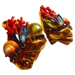 Boucles d'oreilles à clip vintage Kalinger Paris coquillages et cristal de verre