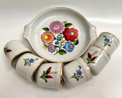 Vintage Kalocsa Hand-Painted Ashtray & Shot Glass Set 6 1970s Folk Art