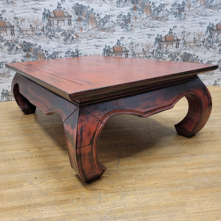 Vintage Kang Style Chinese Teakwood Red Lacquer Coffee Table For Sale
