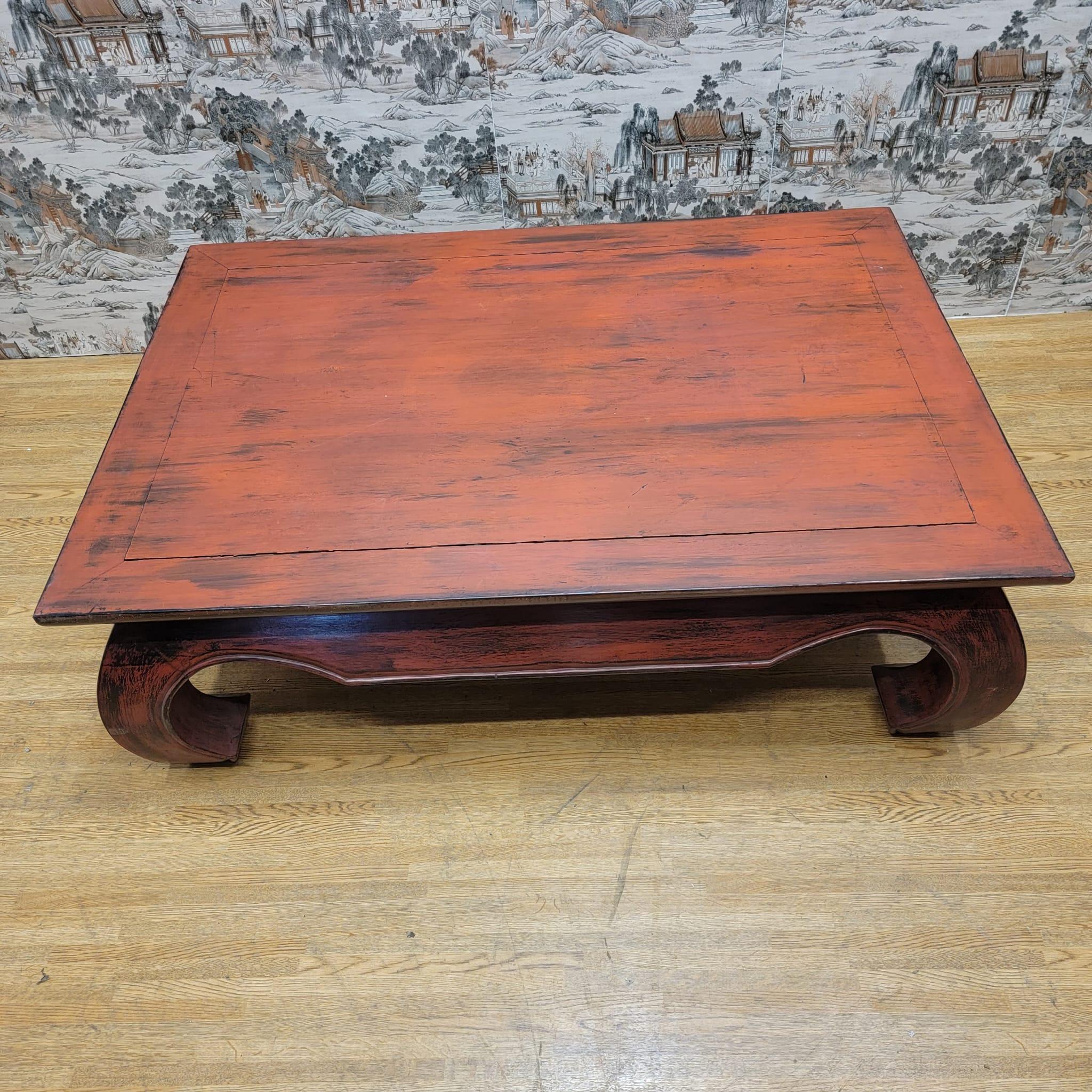 Vintage Kang Style Chinese Teakwood Red Lacquer Coffee Table For Sale 6