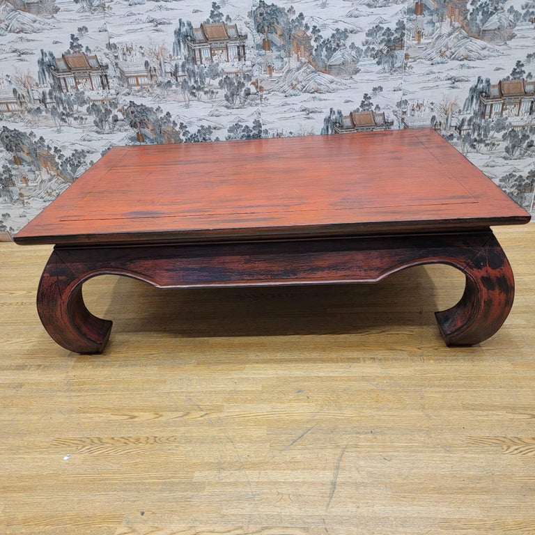 Vintage Kang Style Chinese Teakwood Red Lacquer Coffee Table For Sale