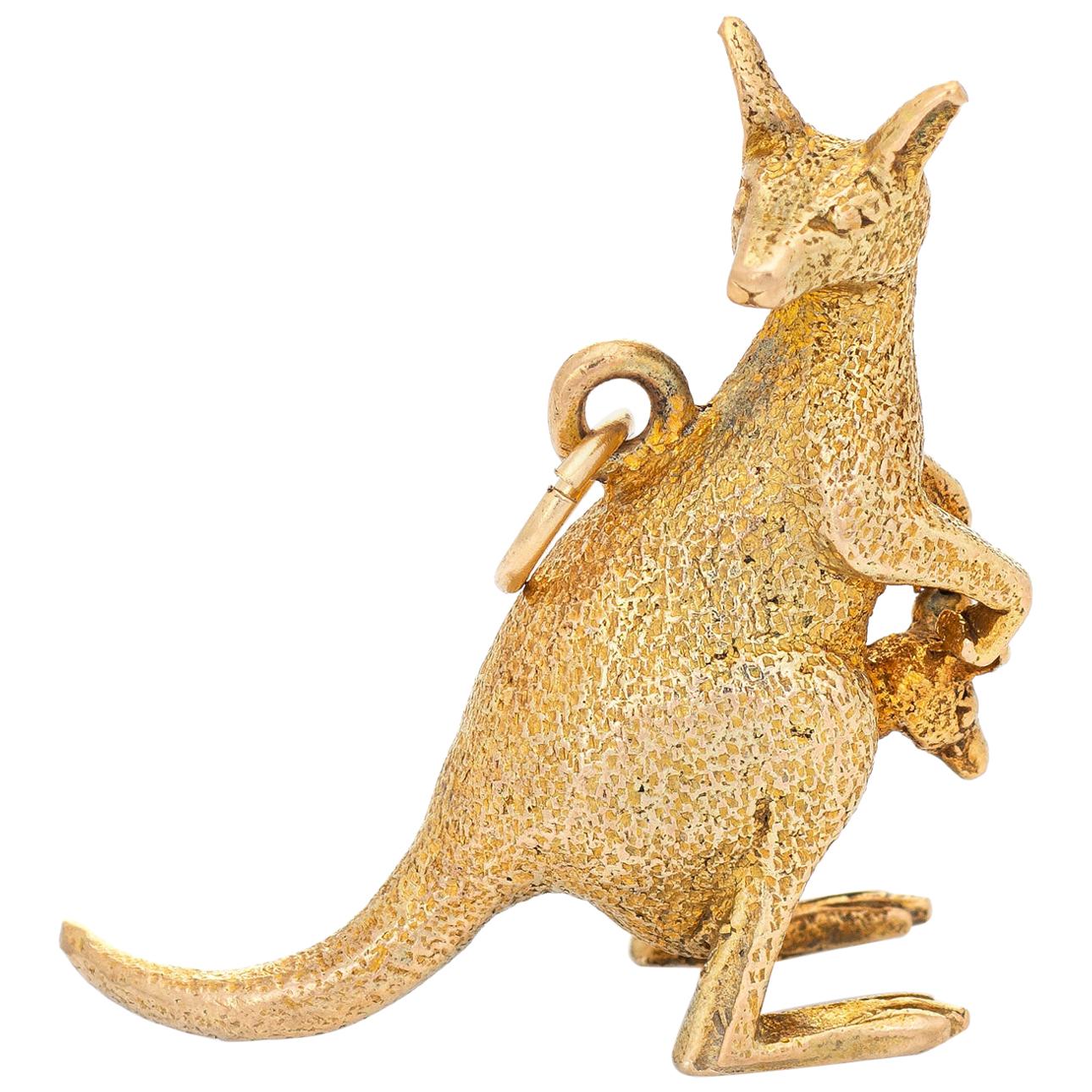 Vintage Kangaroo Charm 14 Karat Gold Joey in Pouch Australia Animal Jewelry