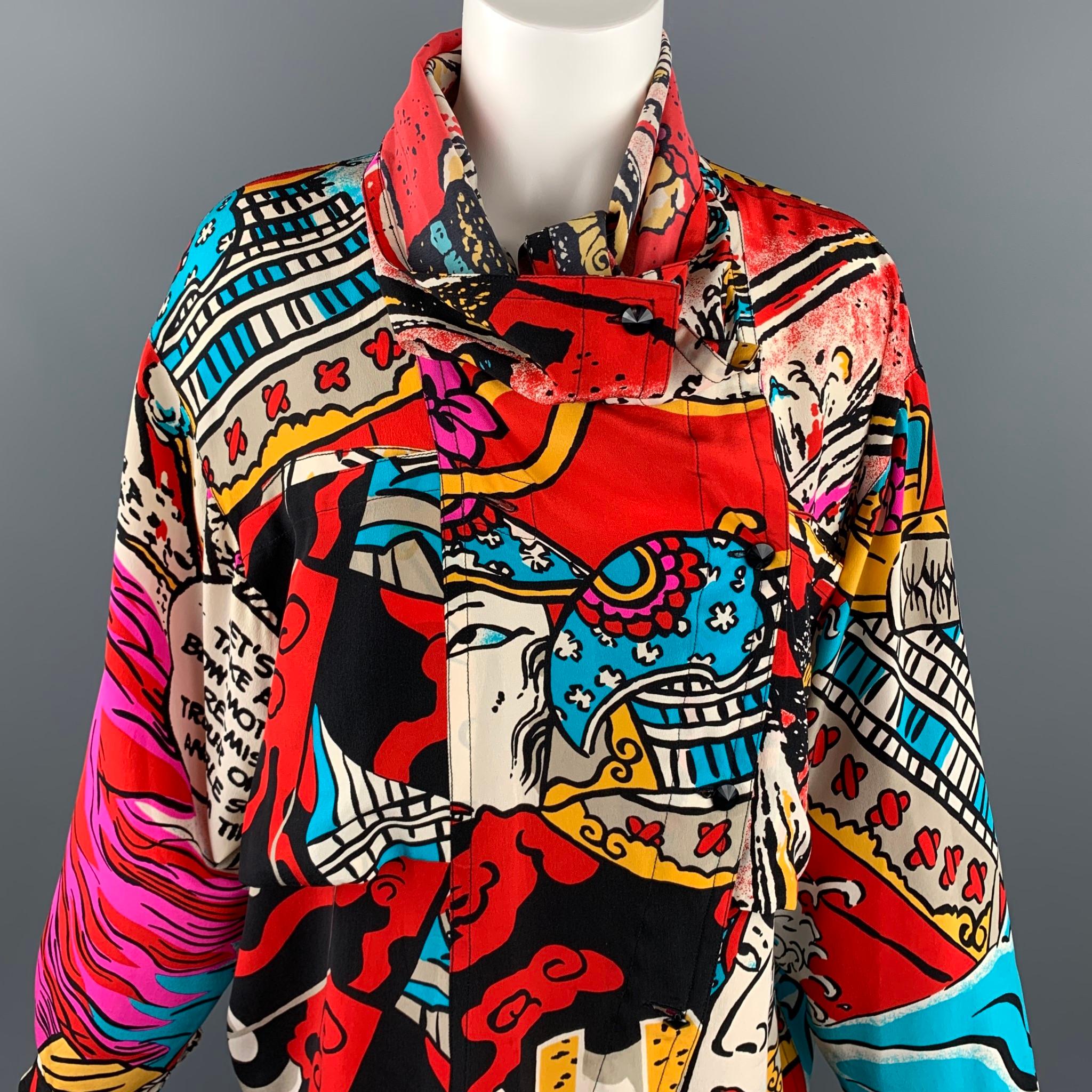 Vintage KANSAI YAMAMOTO blouse comes in a multi-color print fabric featuring a high collar, front pockets, and a buttoned closure.

Very Good Pre-Owned Condition.
Marked: Size not visible 

Measurements:

Shoulder: 19.5 in. 
Bust: 44 in. 
Sleeve: 21