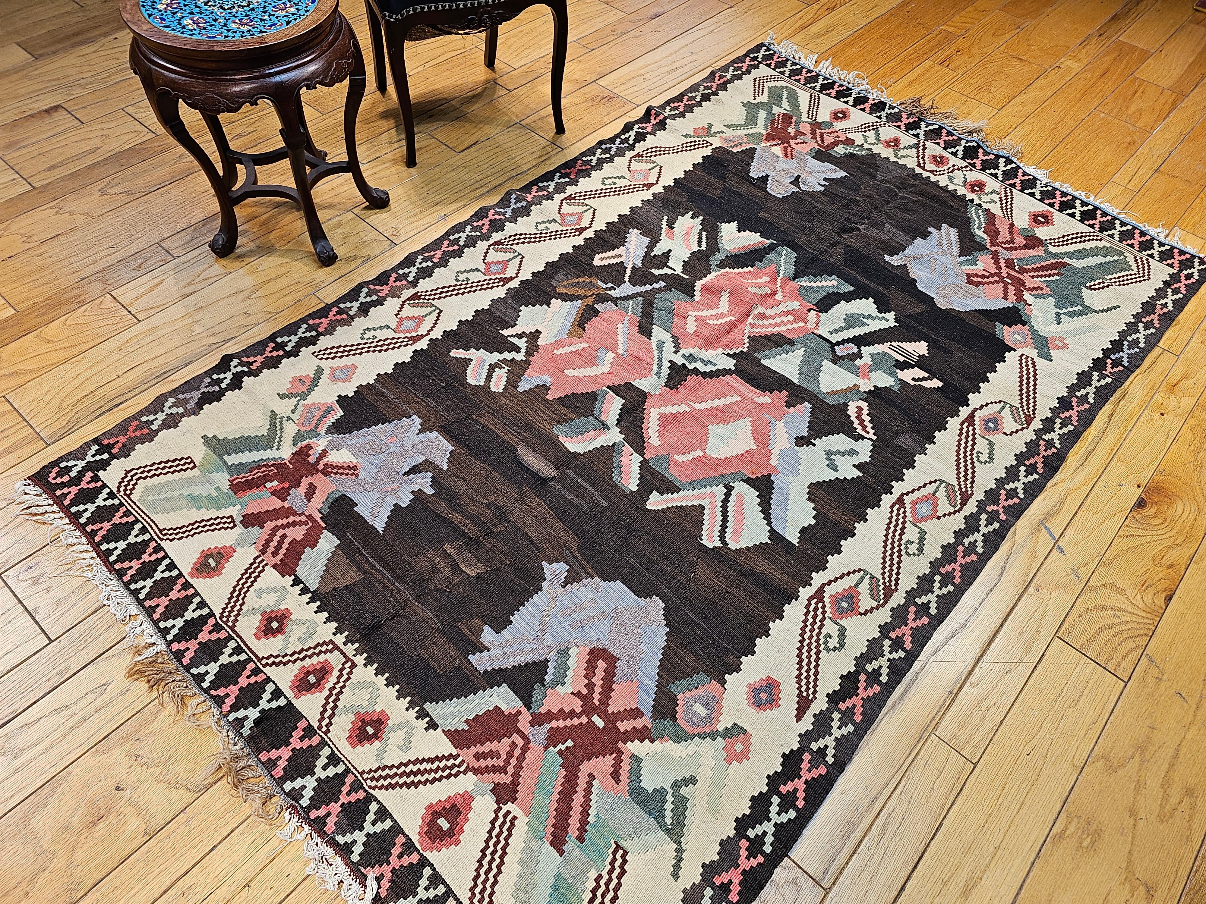 Vintage Karabagh Kilim in Floral Pattern in Dark Brown, Black, Ivory, Red, Blue For Sale 7