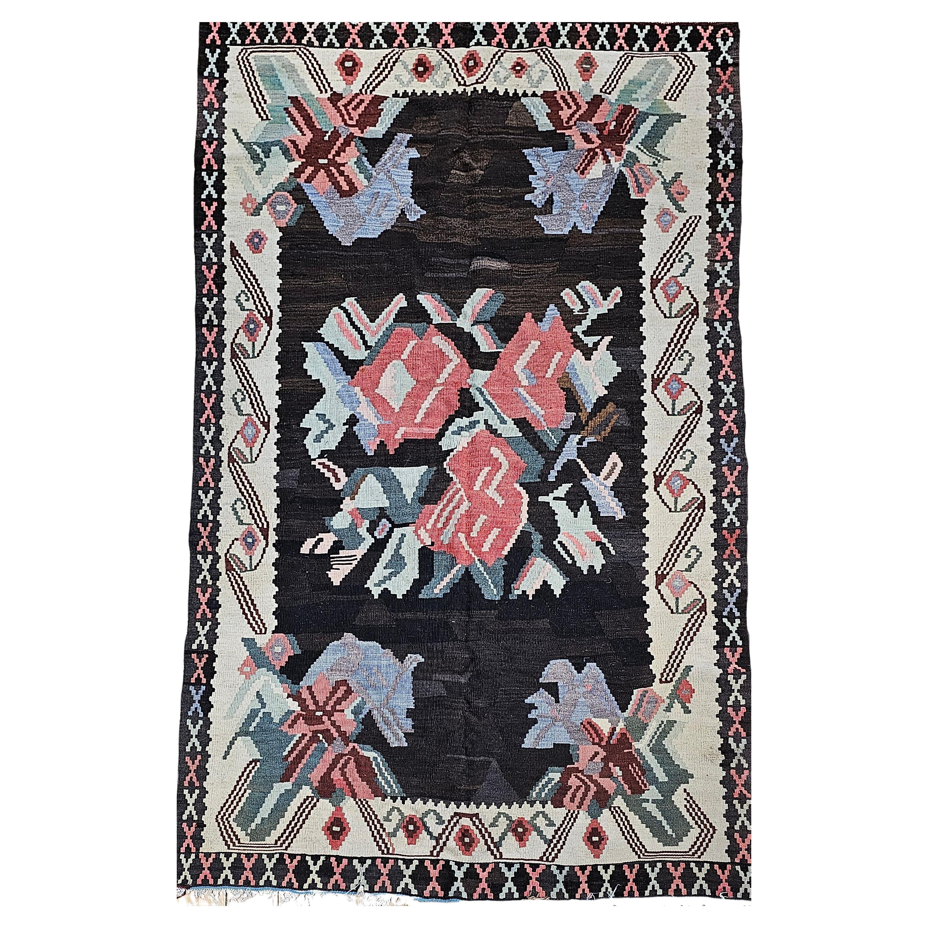 Vintage Karabagh Kilim in Floral Pattern in Dark Brown, Black, Ivory, Red, Blue