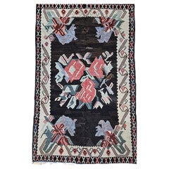 Vintage Karabagh Kilim in Floral Pattern in Dark Brown, Black, Ivory, Red, Blue