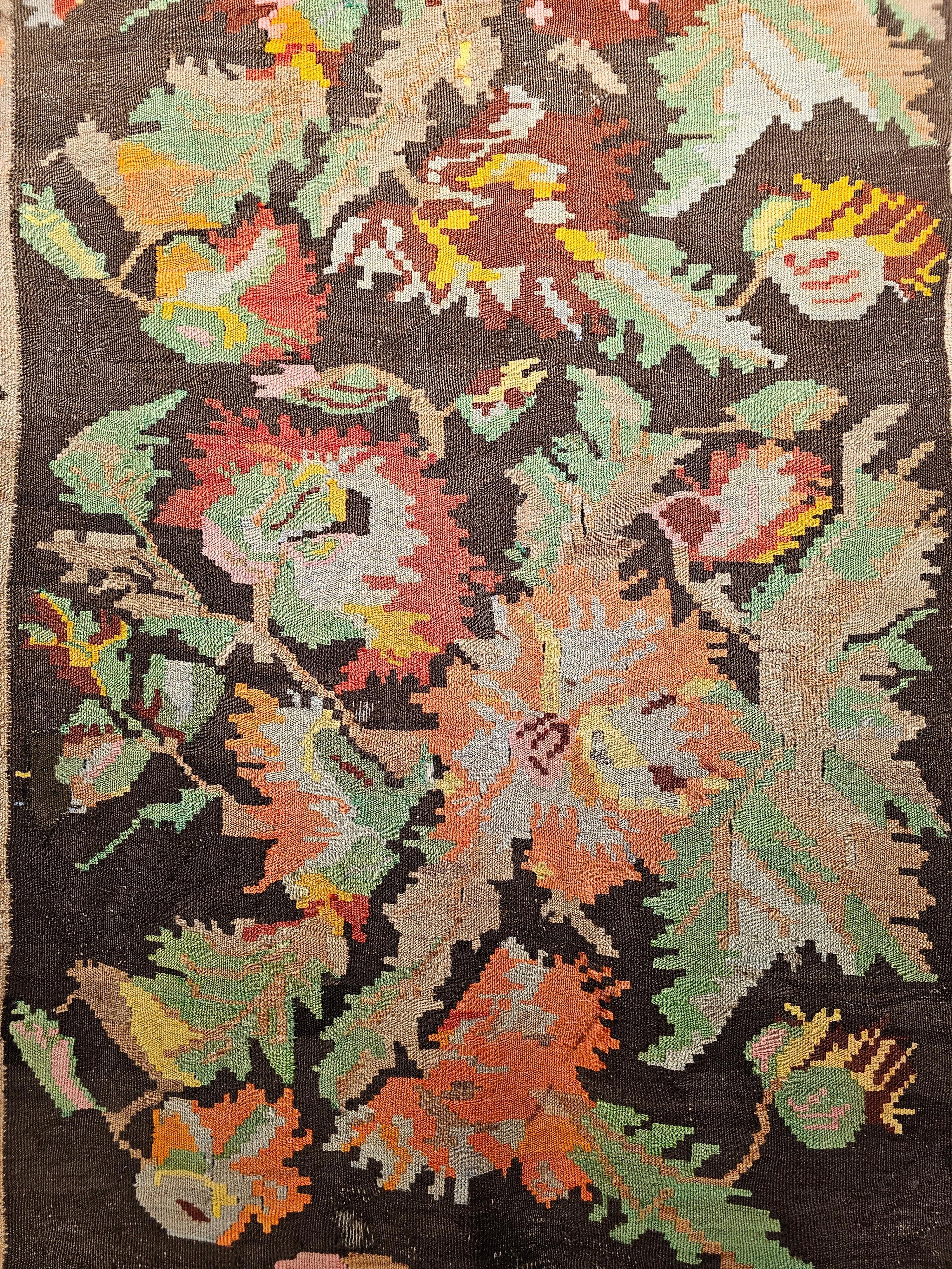 Hand-Woven Vintage Karabagh Kilim Runner with Large Floral Designs and Vibrant Colors For Sale