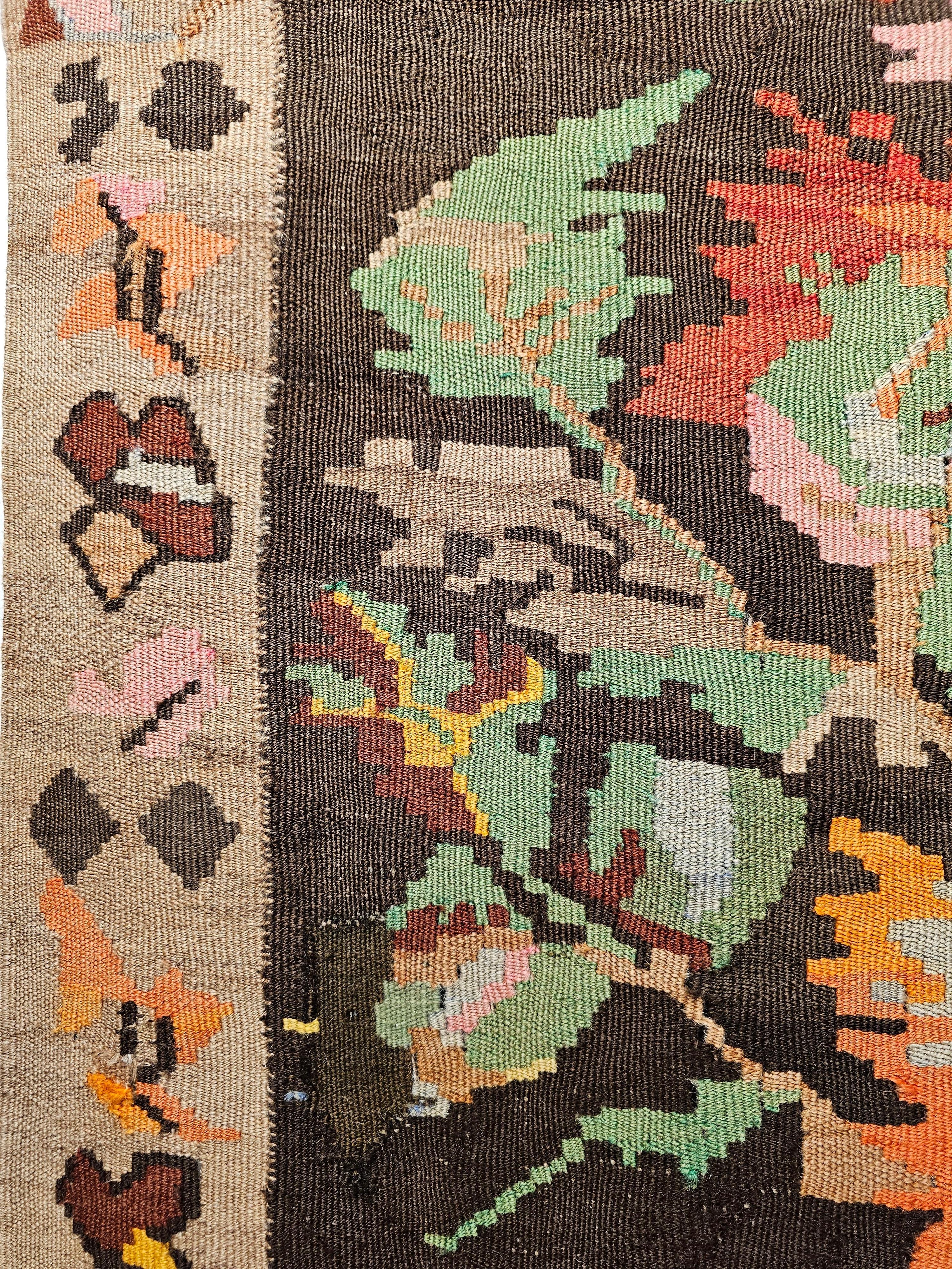 Vintage Karabagh Kilim Runner with Large Floral Designs and Vibrant Colors In Good Condition For Sale In Barrington, IL