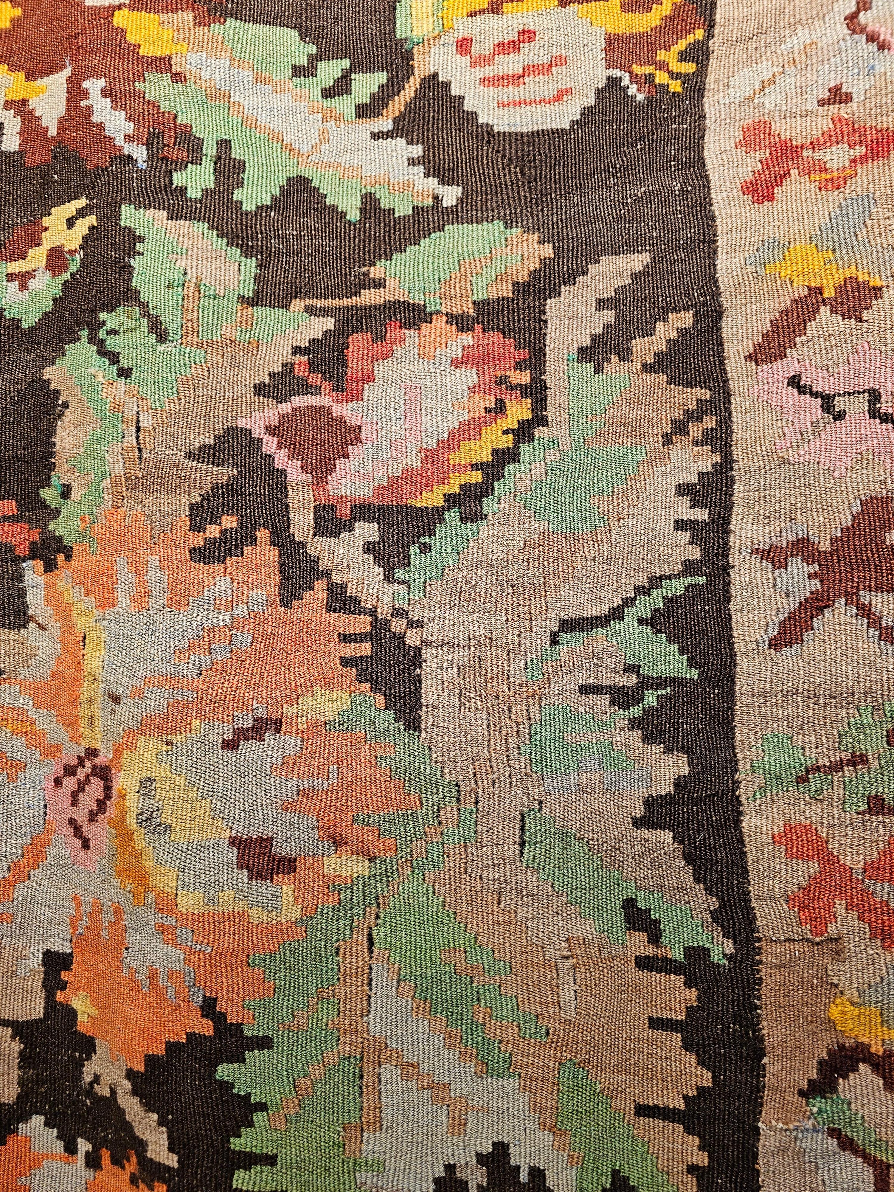Mid-20th Century Vintage Karabagh Kilim Runner with Large Floral Designs and Vibrant Colors For Sale