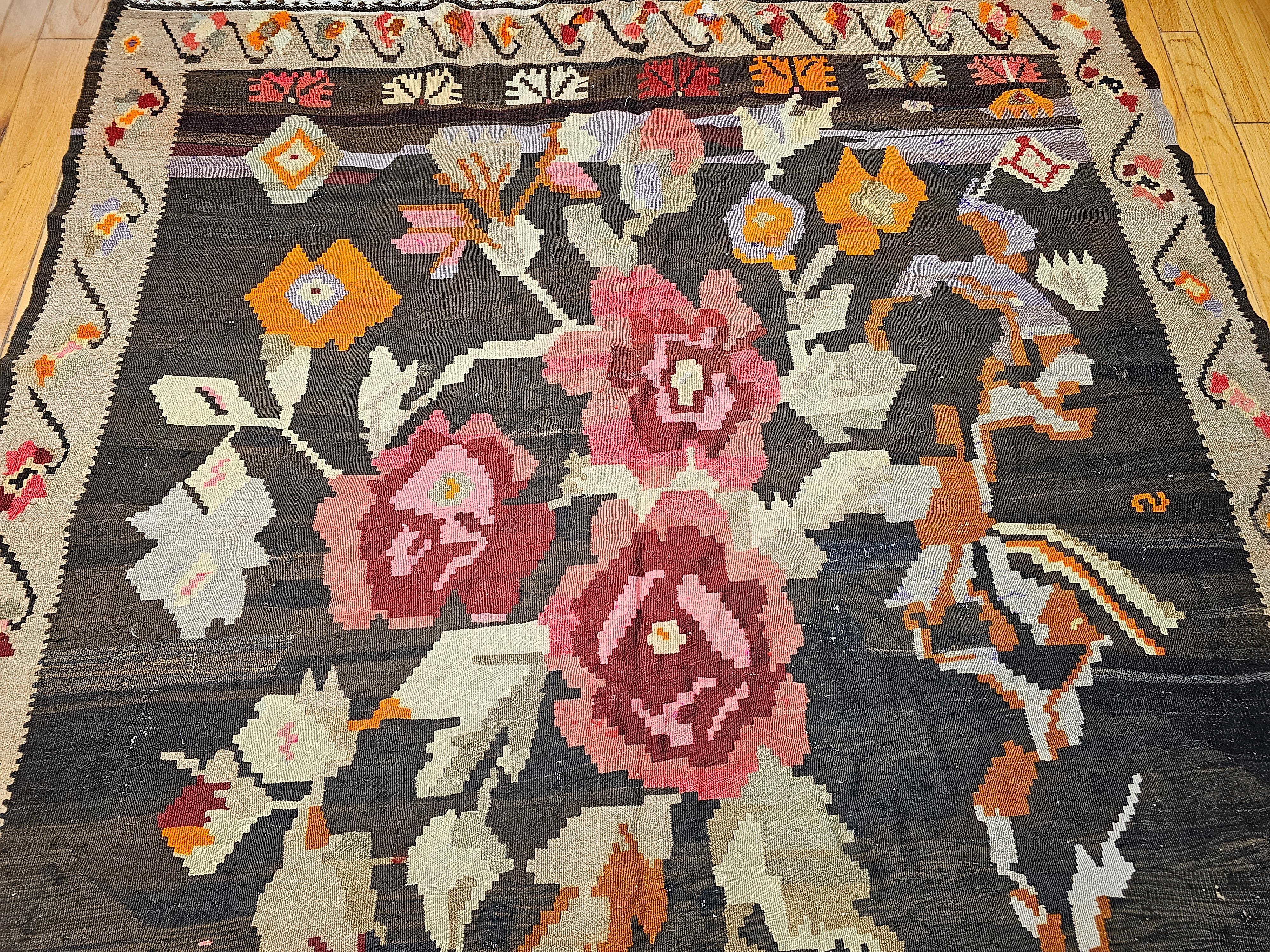 Vintage Karabagh Kilim with Large Floral Pattern in Dark Chocolate, Khaki, Ivory In Good Condition For Sale In Barrington, IL
