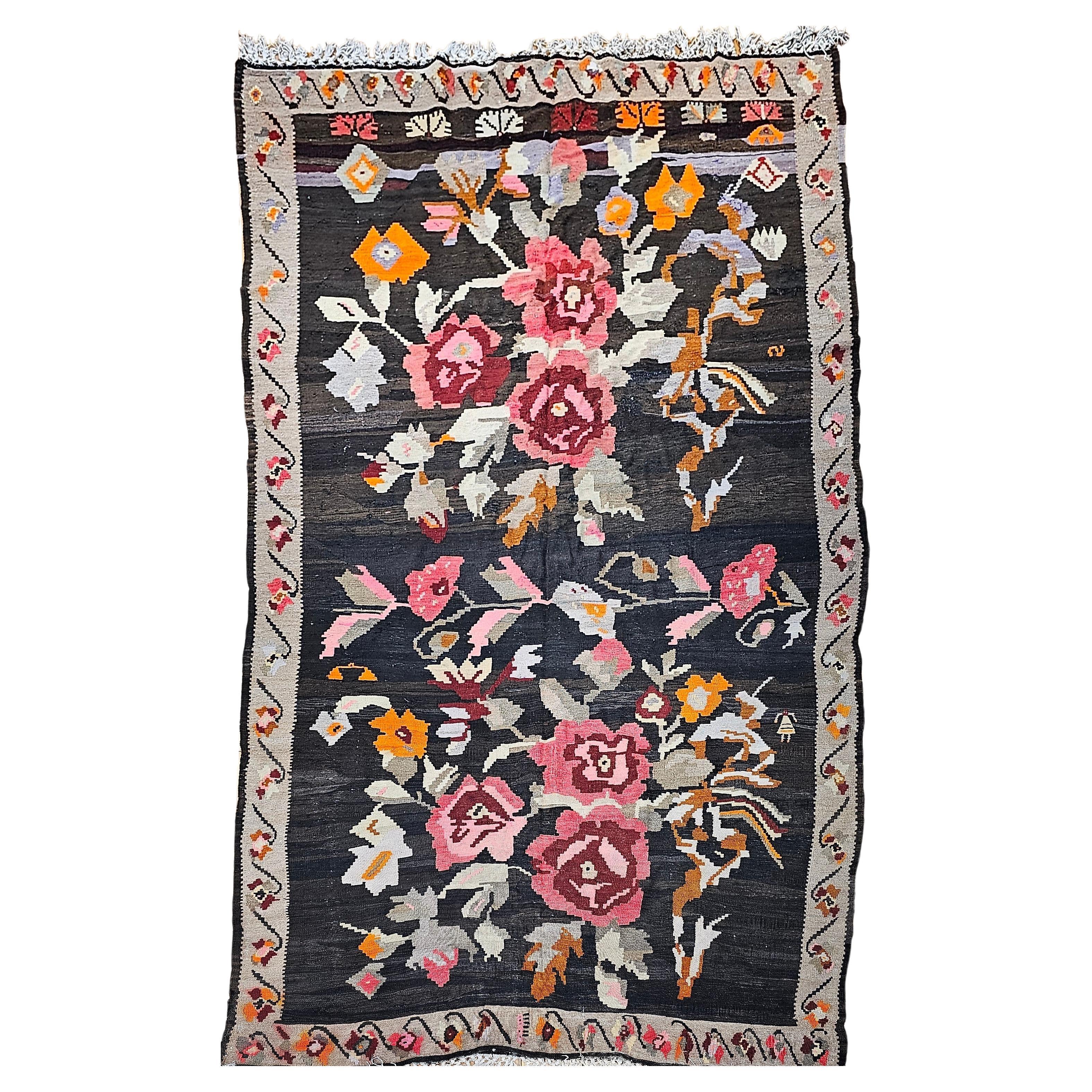 Vintage Karabagh Kilim with Large Floral Pattern in Dark Chocolate, Khaki, Ivory For Sale