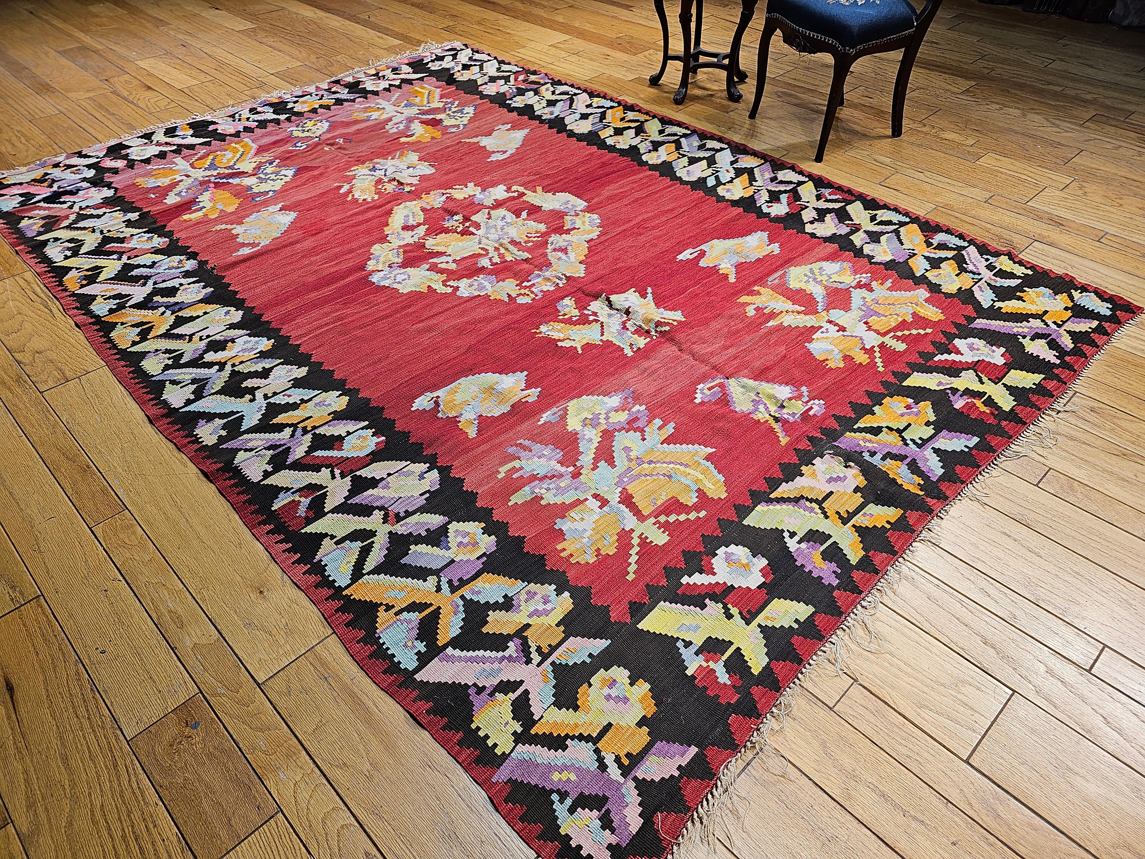 Vintage Karabagh Room Size Kilim in Floral Pattern in Red, Ivory, Red, Pink For Sale 5