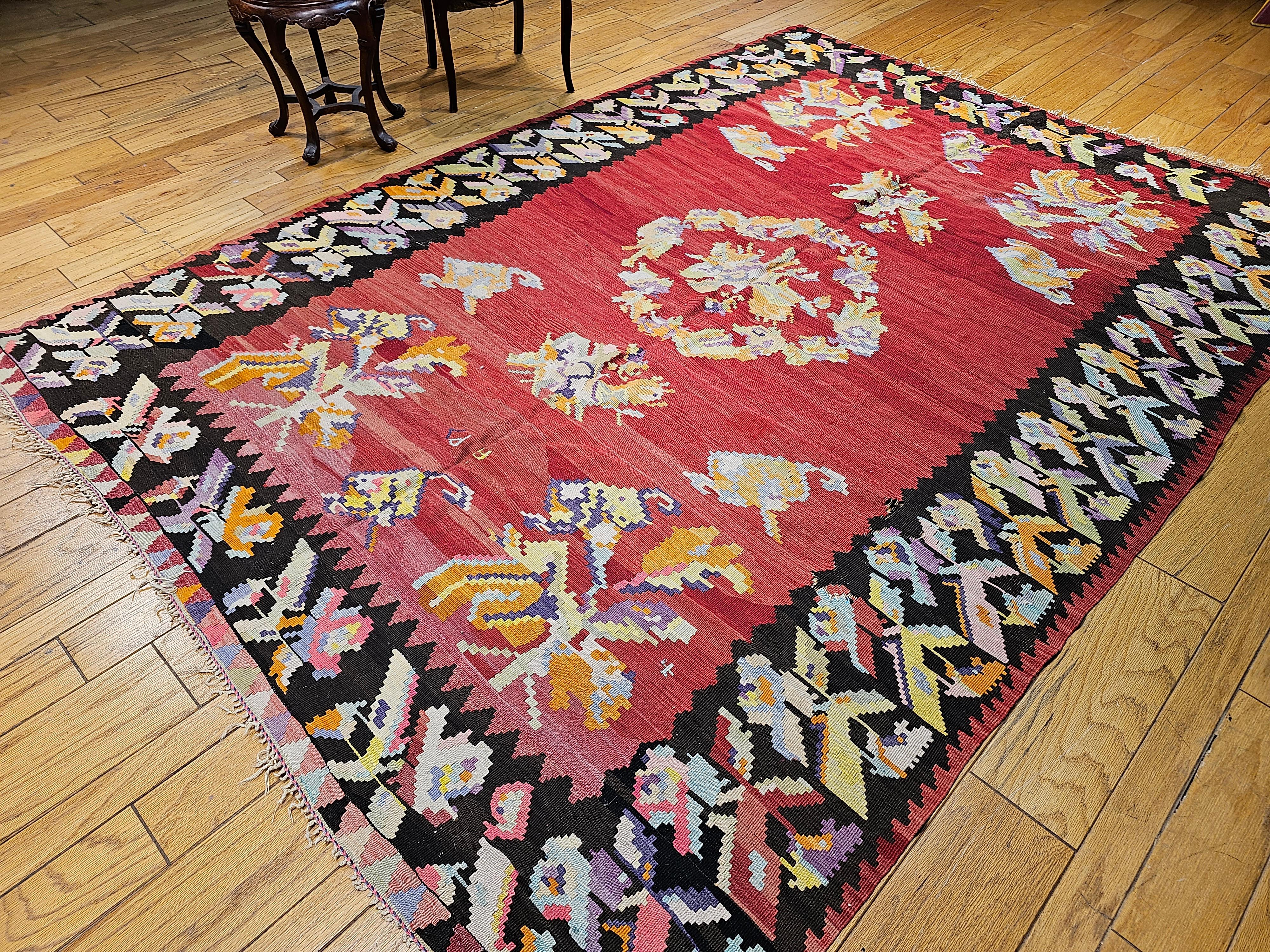 Vintage Karabagh Room Size Kilim in Floral Pattern in Red, Ivory, Red, Pink For Sale 9